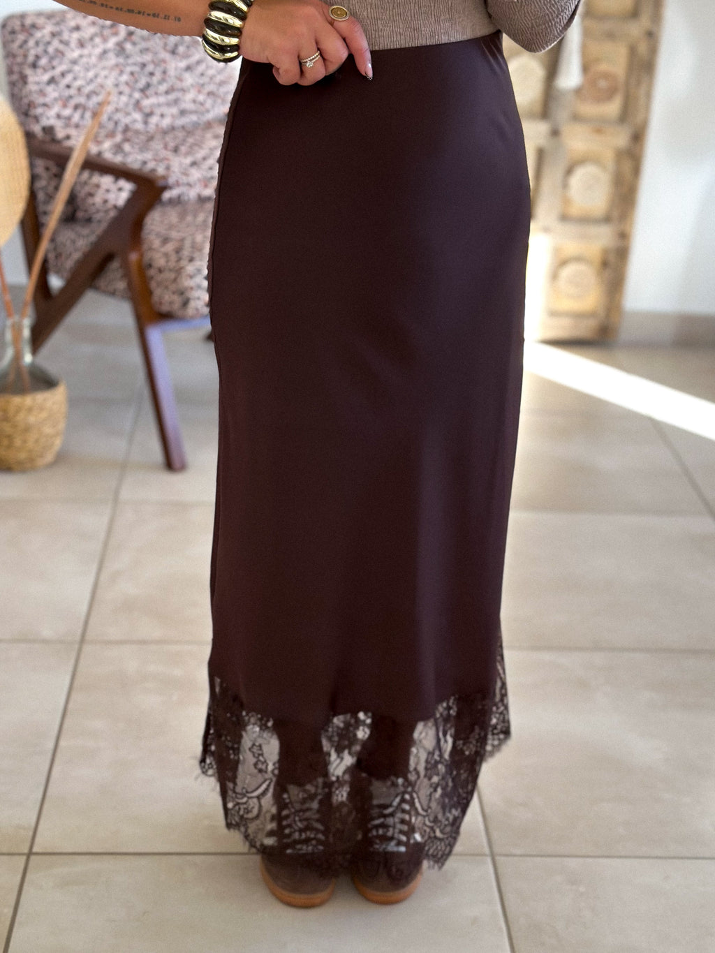 Jupe Meyline - Satin et dentelle marron