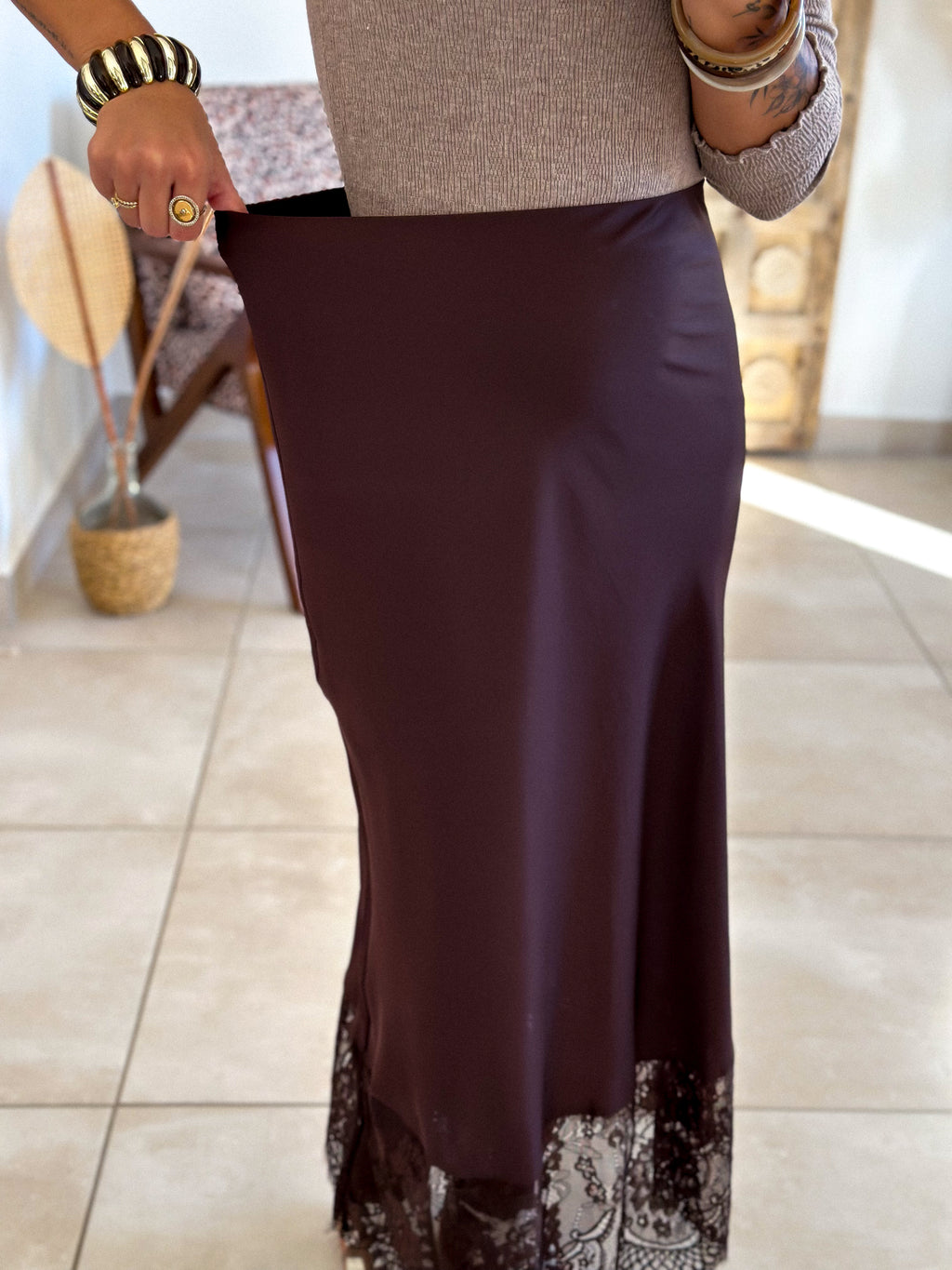 Jupe Meyline - Satin et dentelle marron