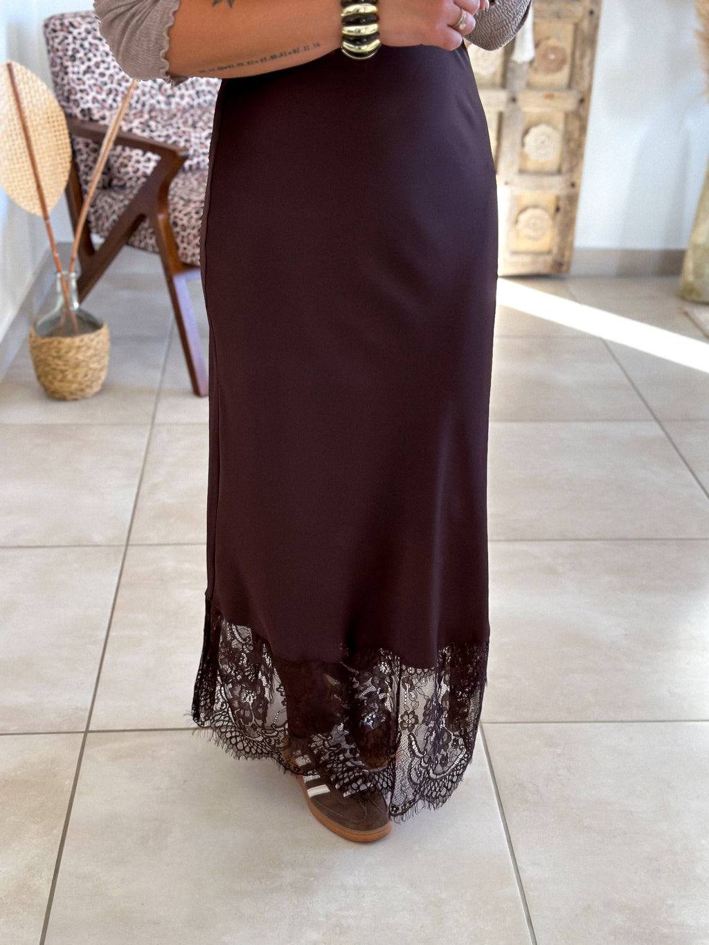 Jupe Meyline - Satin et dentelle marron