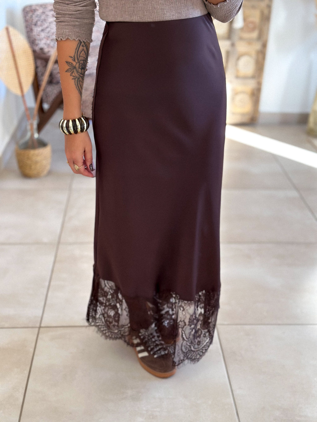 Jupe Meyline - Satin et dentelle marron