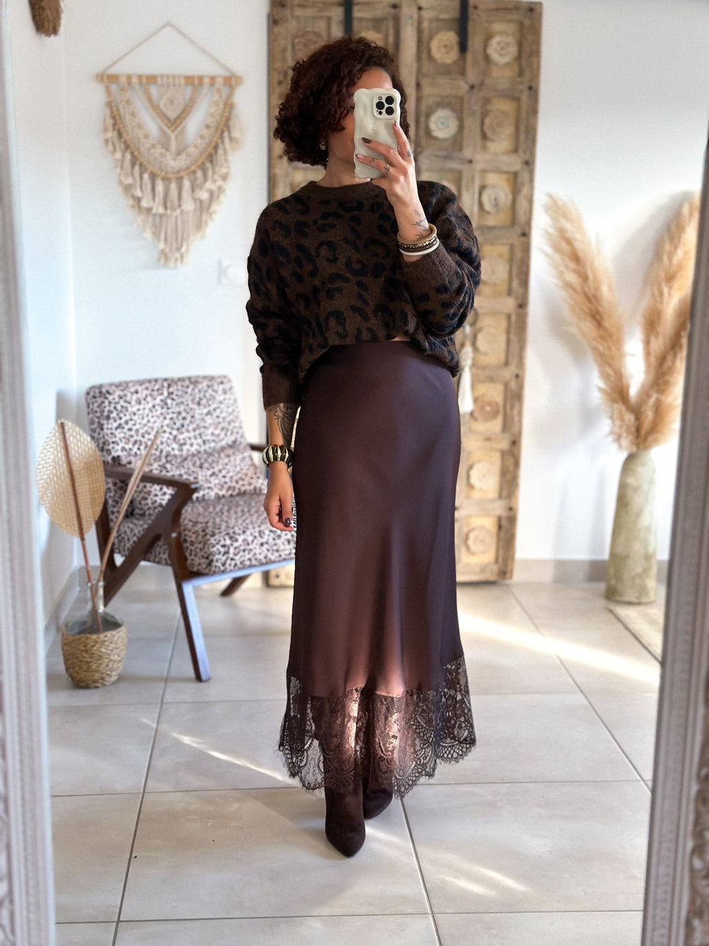 Jupe Meyline - Satin et dentelle marron