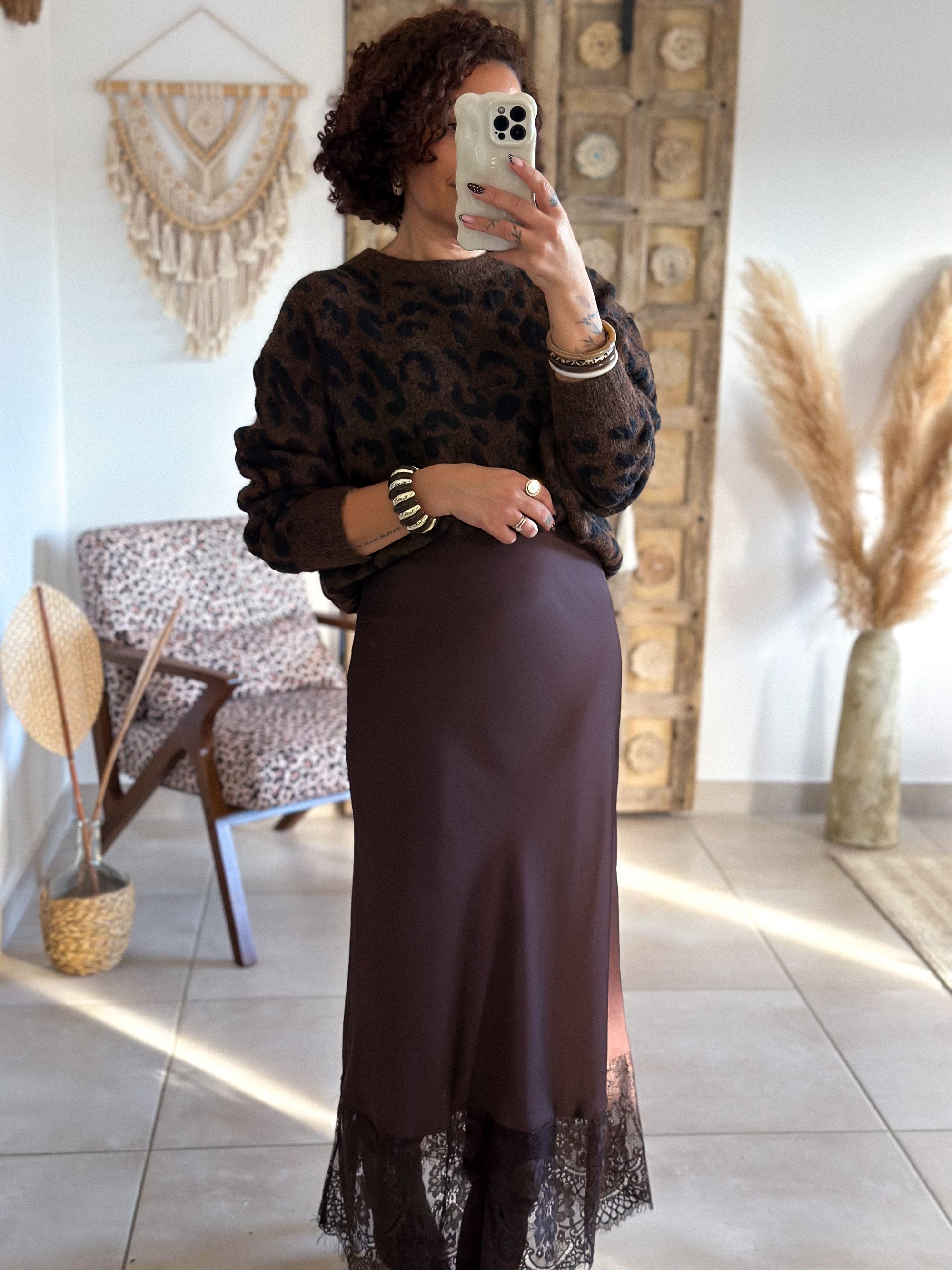 Jupe Meyline - Satin et dentelle marron