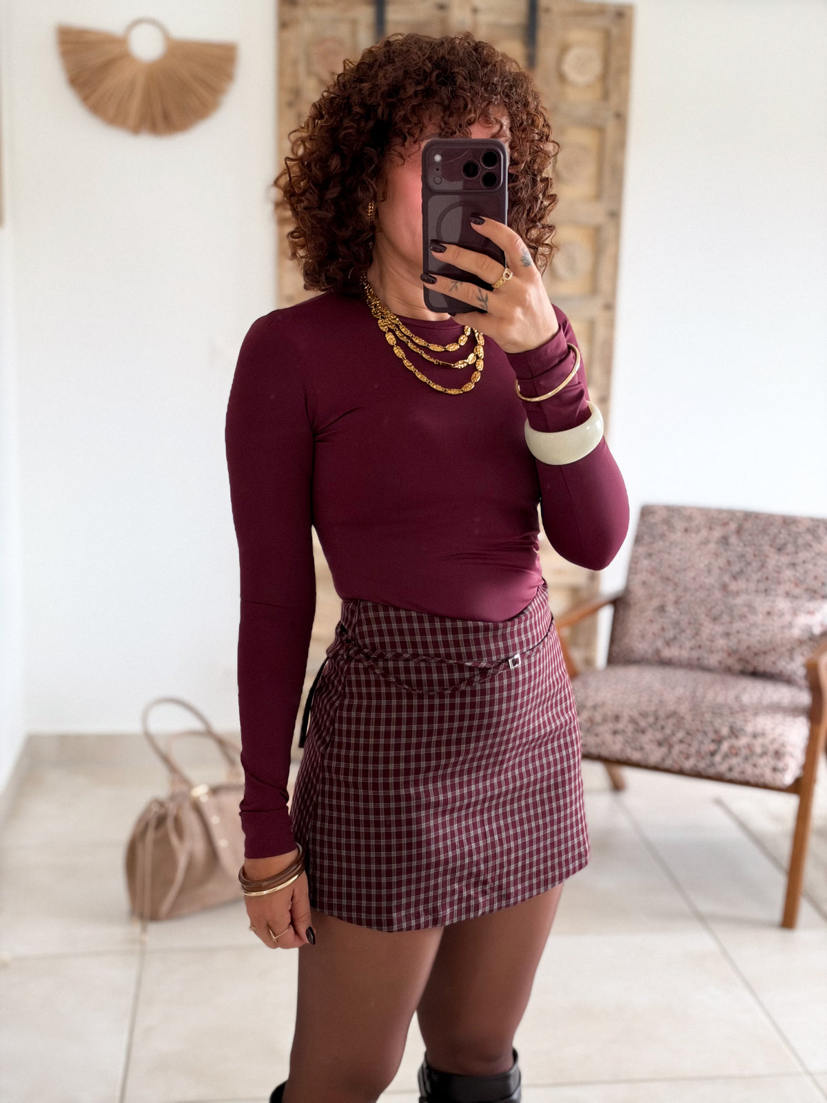 Jupe-short Honorine - Carreaux bordeaux