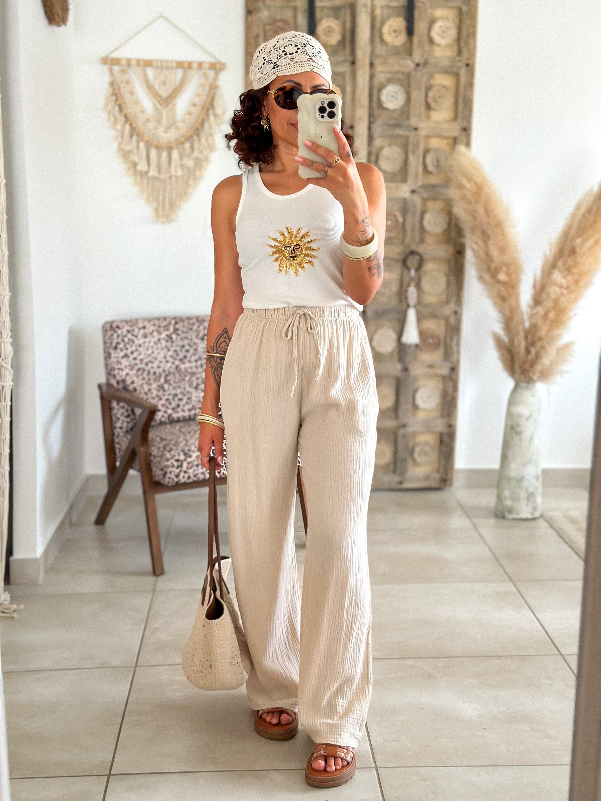 Pantalon Ibiza - Gaze de coton beige