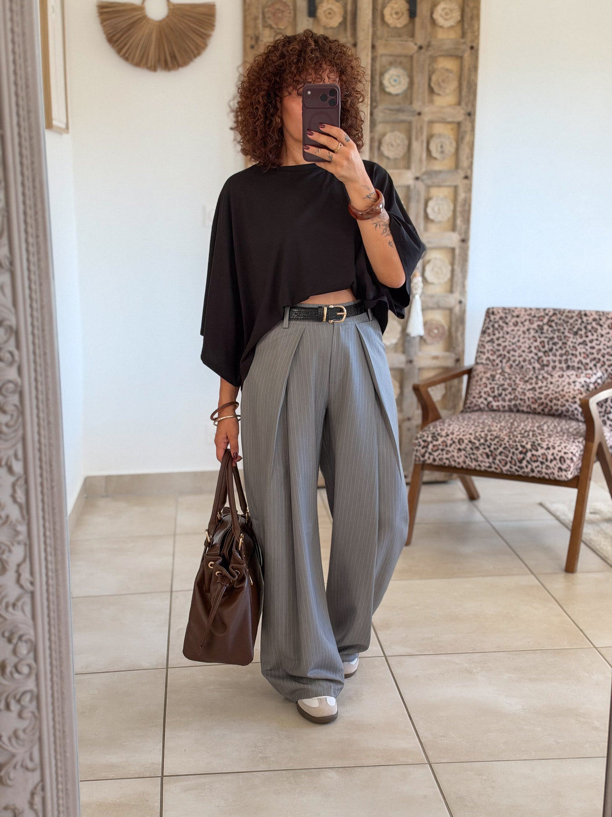 Pantalon Jess – Gris à fines rayures