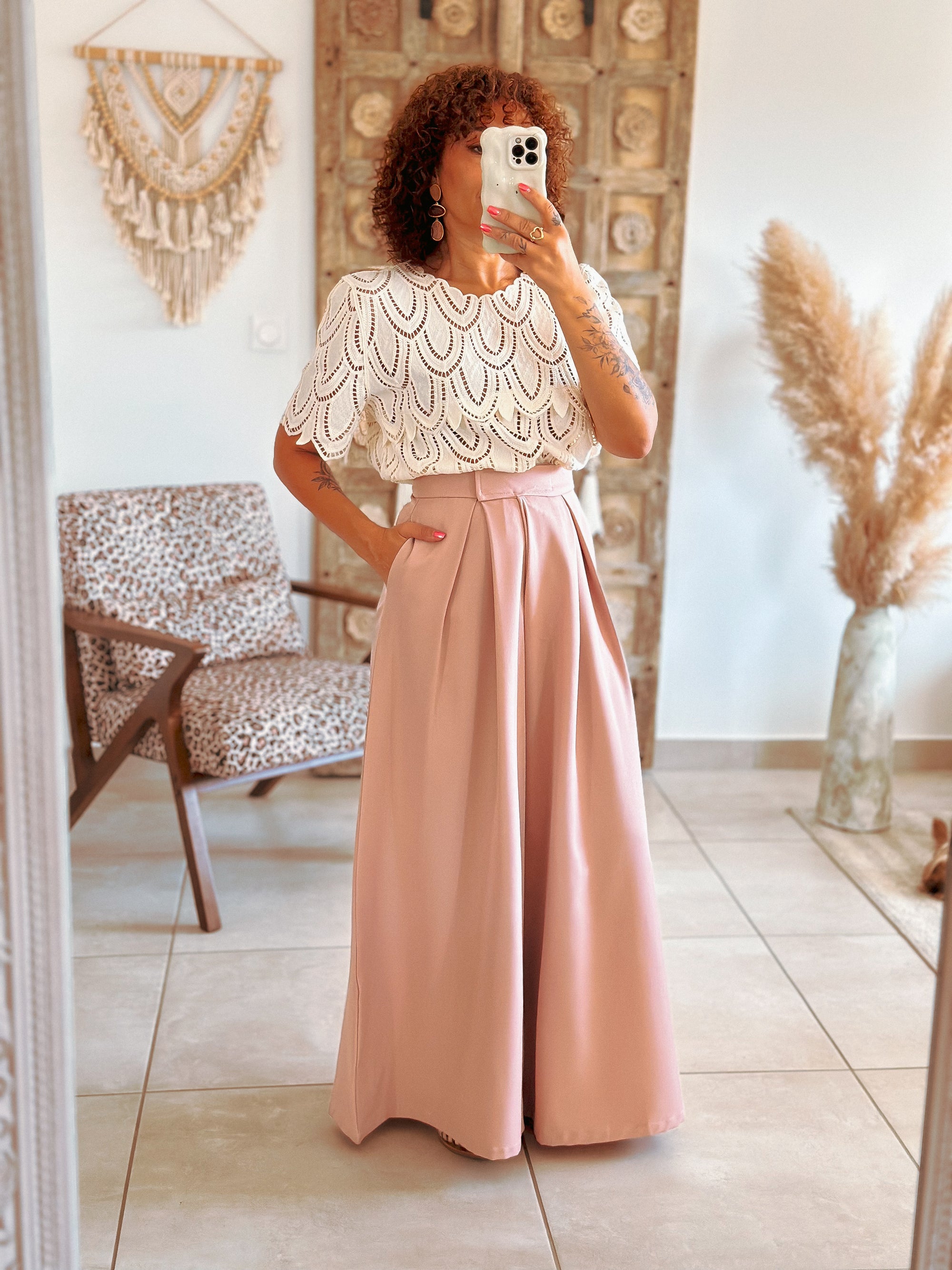 Pantalon Parfait - Palazzo à scratch rose poudré