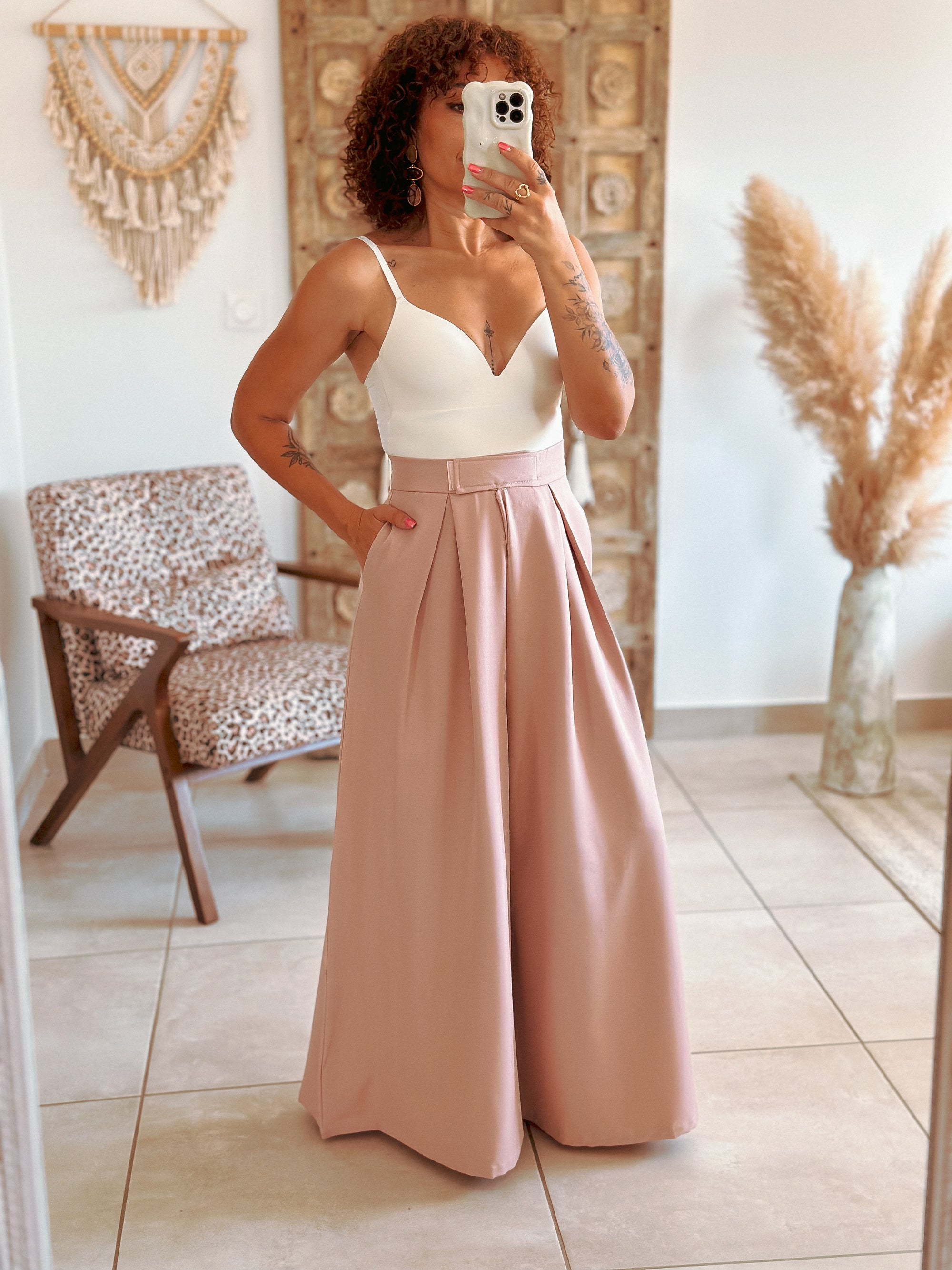 Pantalon Parfait - Palazzo à scratch rose poudré