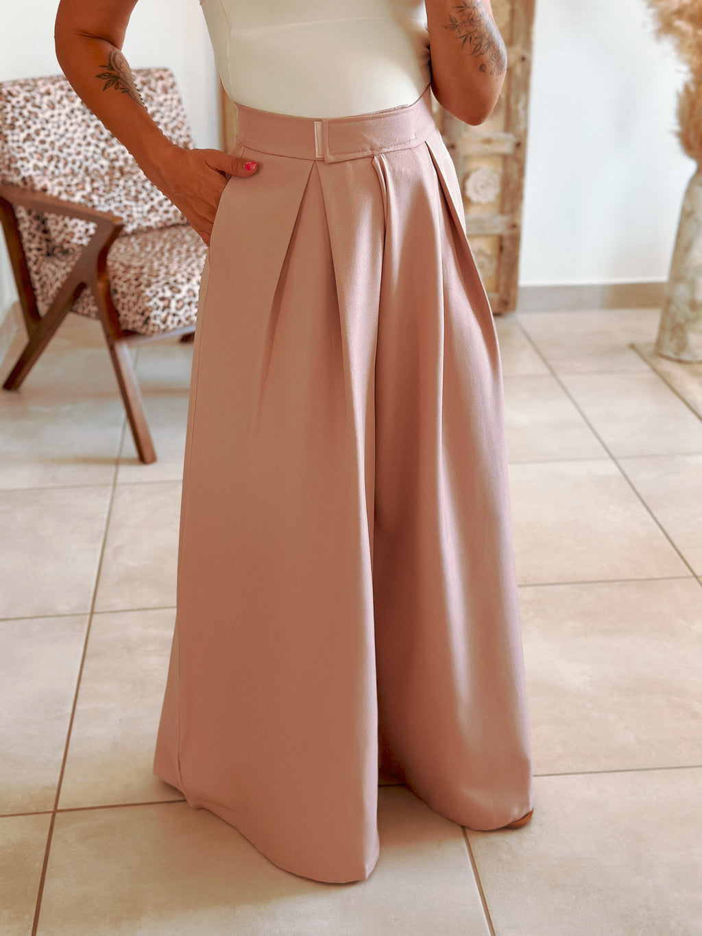Pantalon Parfait - Palazzo à scratch rose poudré