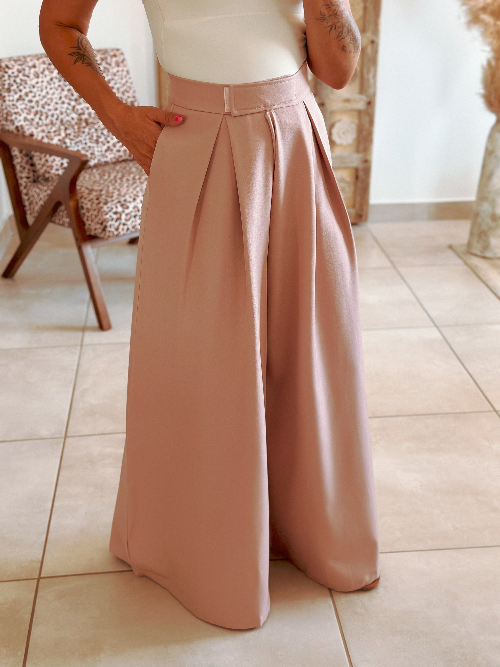 Pantalon Parfait - Palazzo à scratch rose poudré