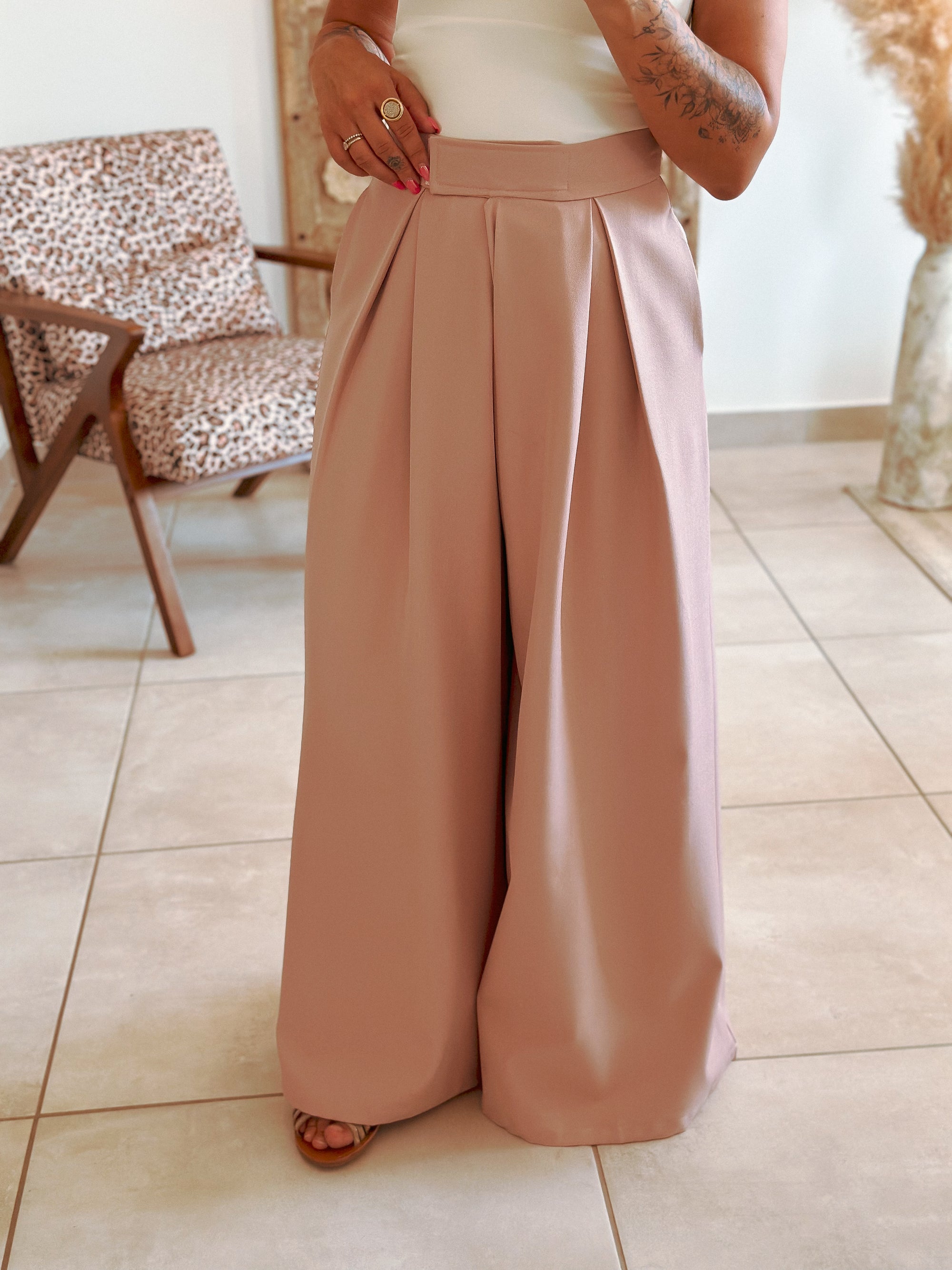 Pantalon Parfait - Palazzo à scratch rose poudré