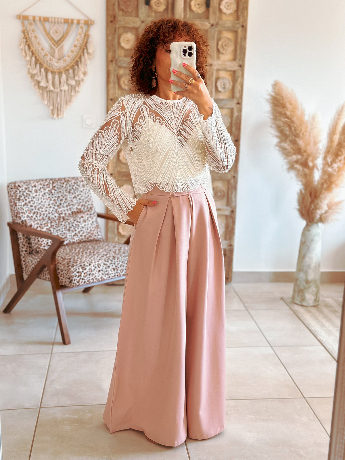 Pantalon Parfait - Palazzo à scratch rose poudré