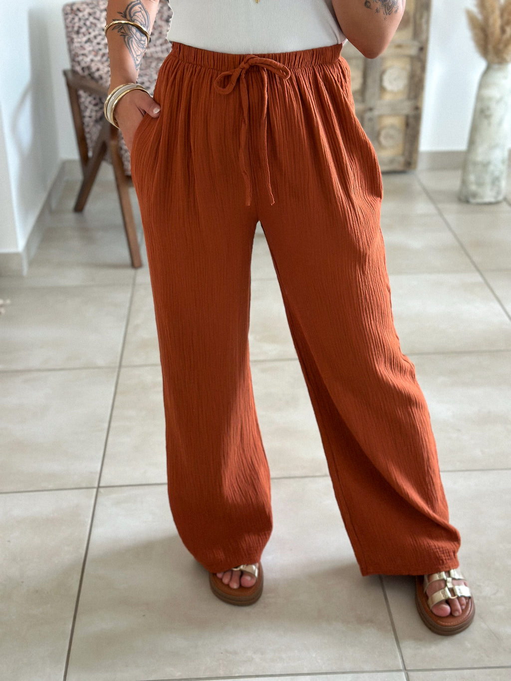 Pantalon Ibiza - Gaze de coton terracotta