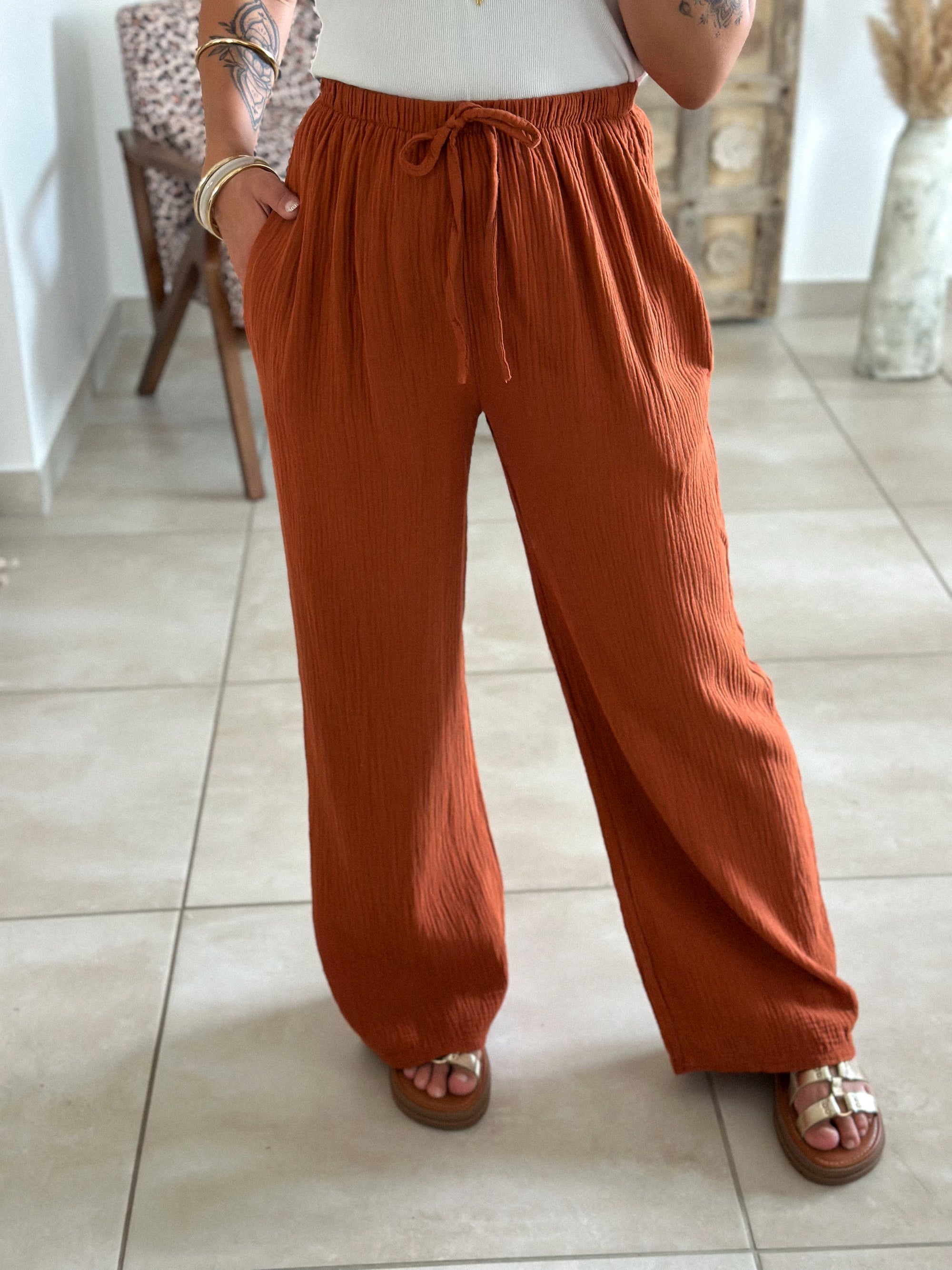 Pantalon Ibiza - Gaze de coton terracotta