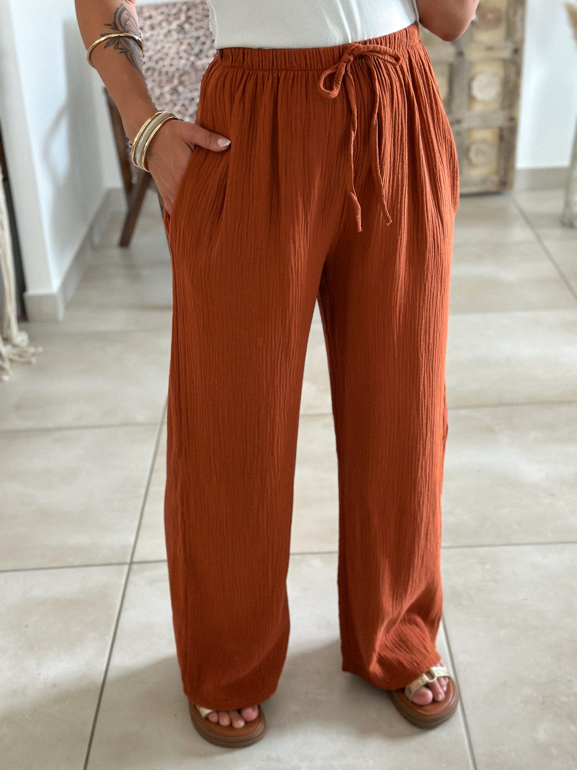 Pantalon Ibiza - Gaze de coton terracotta