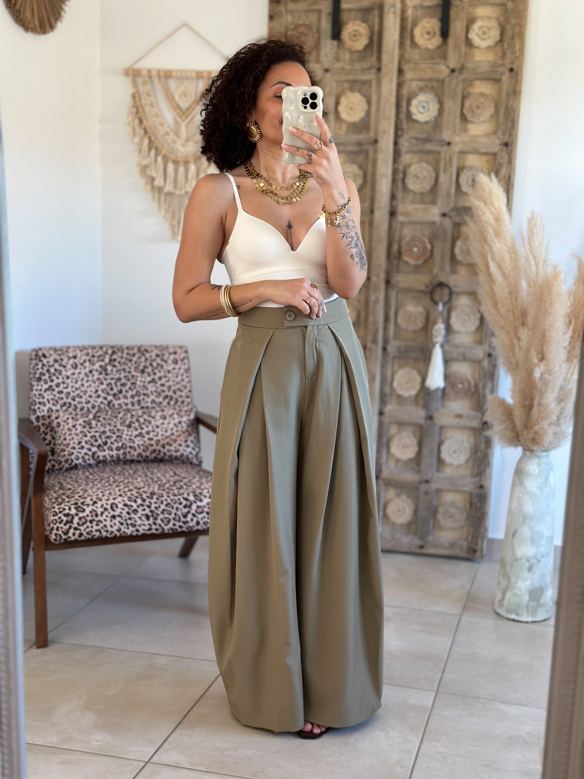 Pantalon Chella - Large à pince vert olive