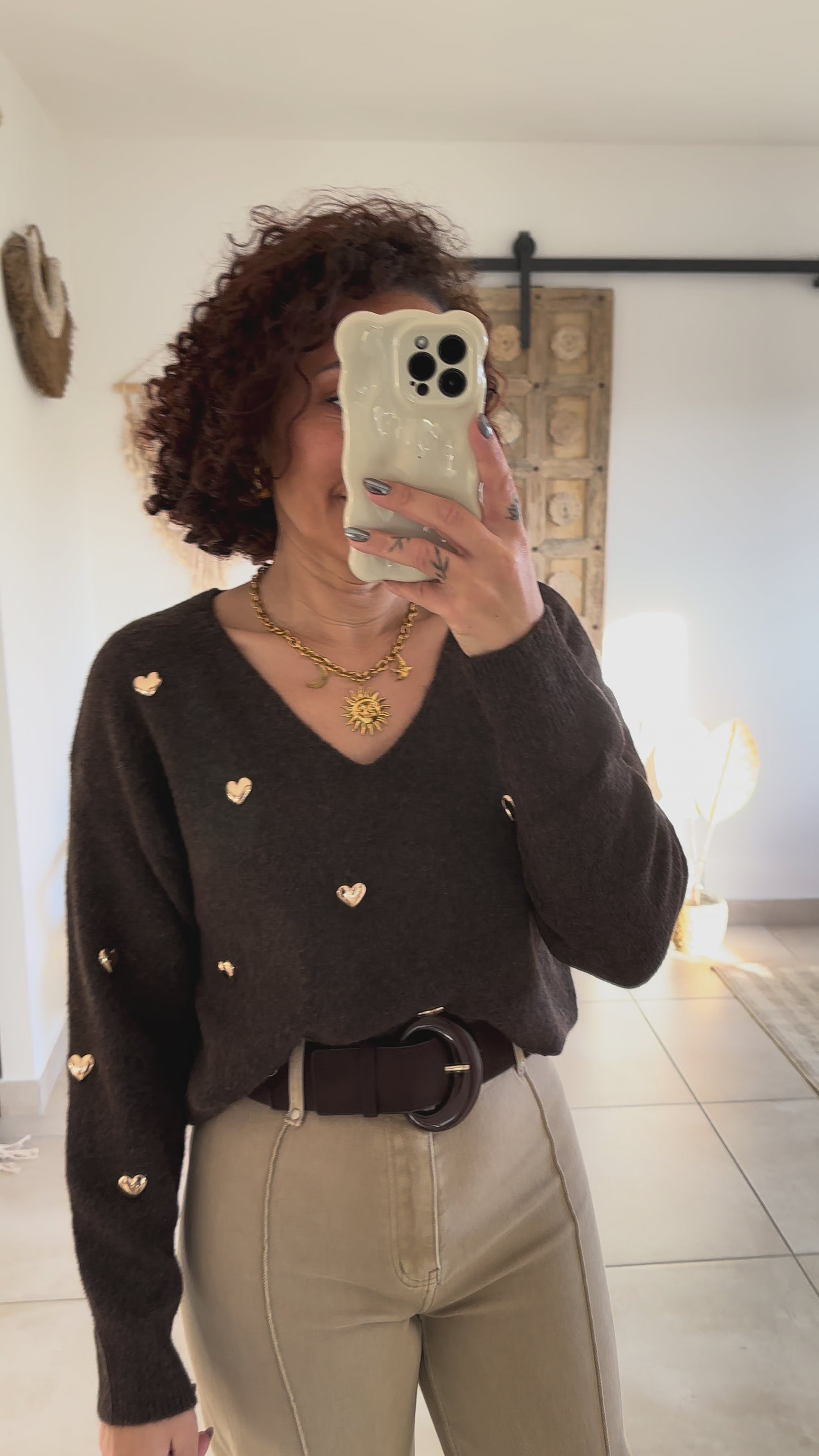 Pull Thaïs - col V chocolat à cœurs