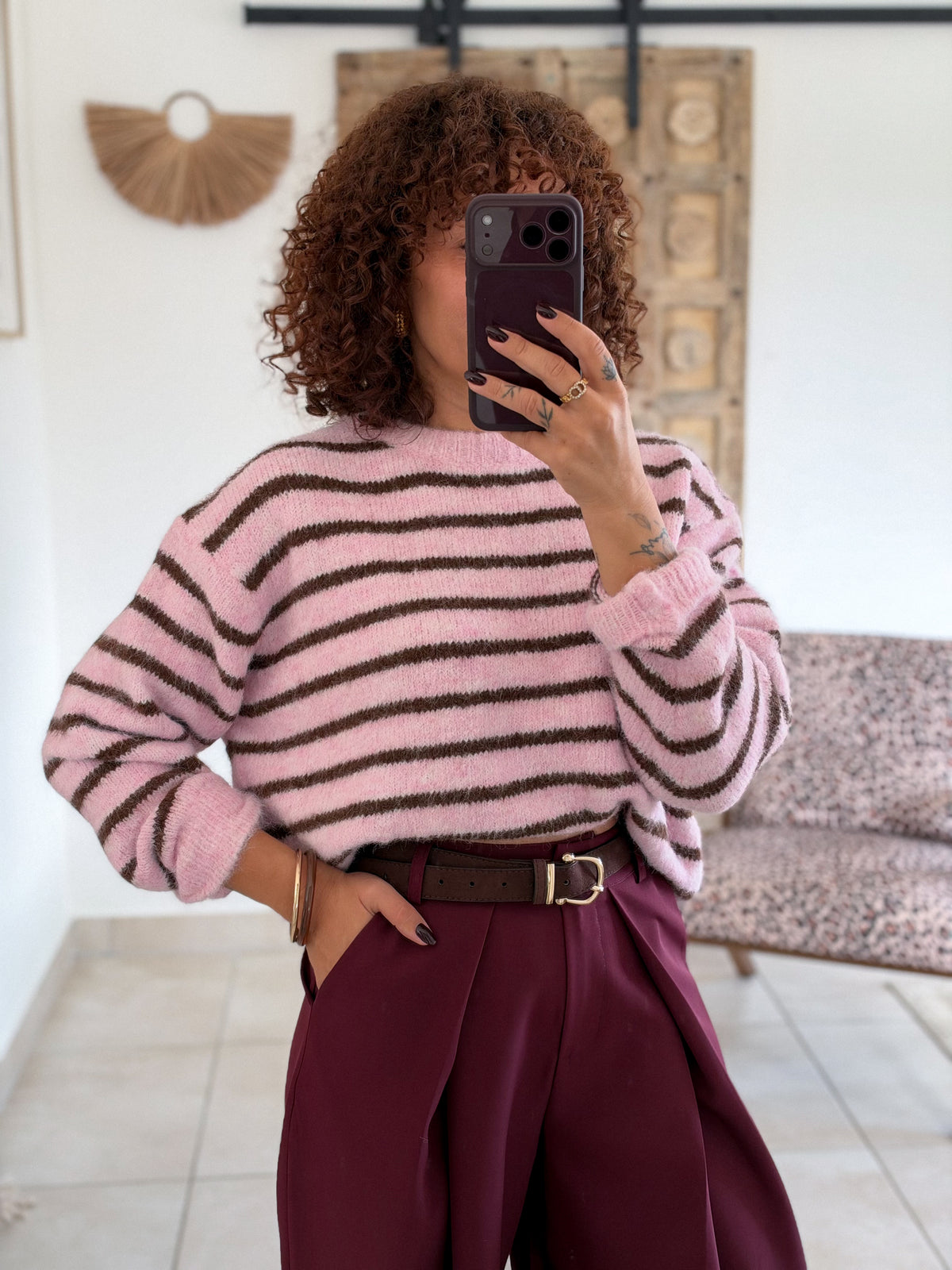 Pull Candy - Rayé rose/marron