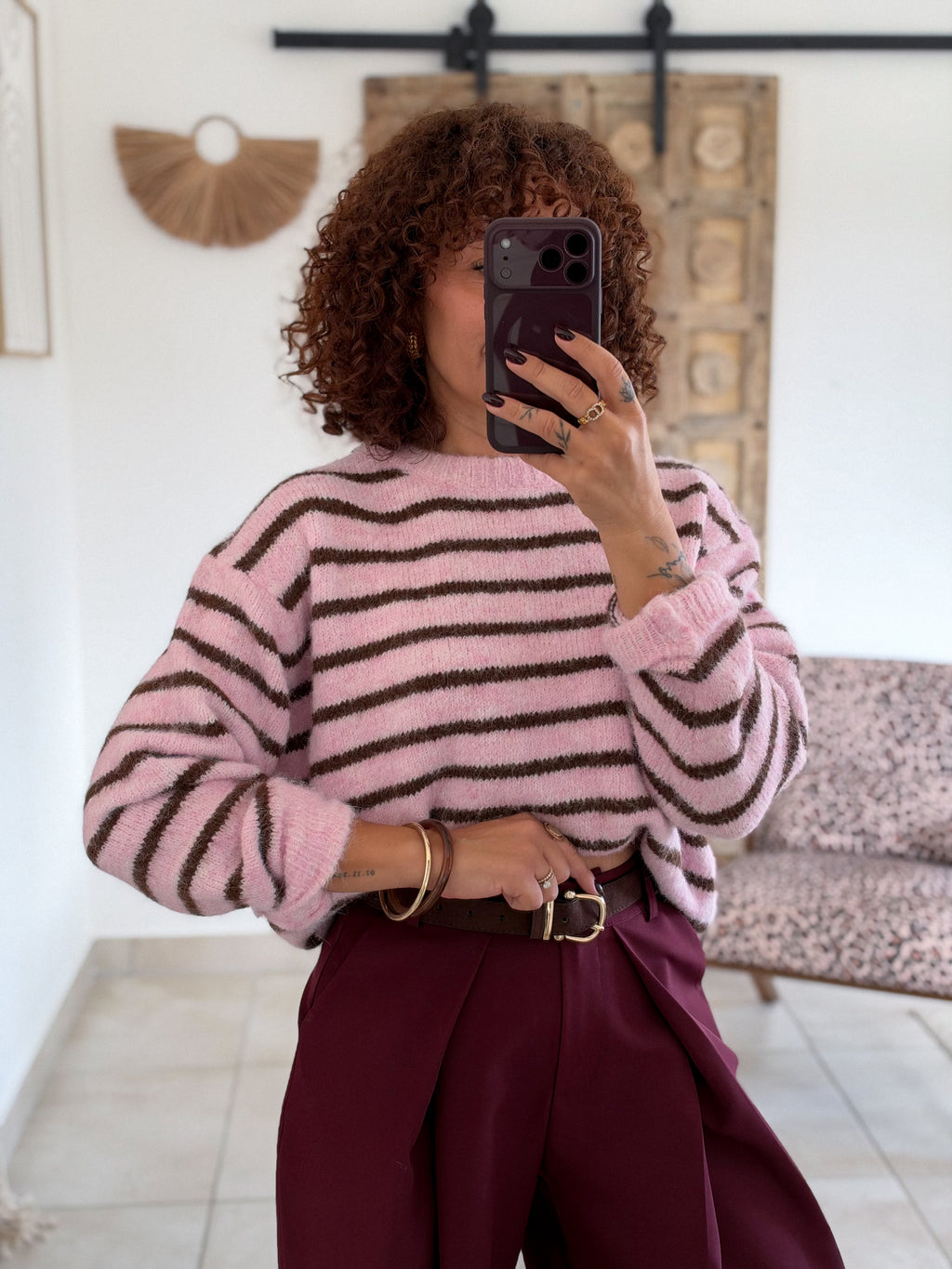 Pull Candy - Rayé rose/marron