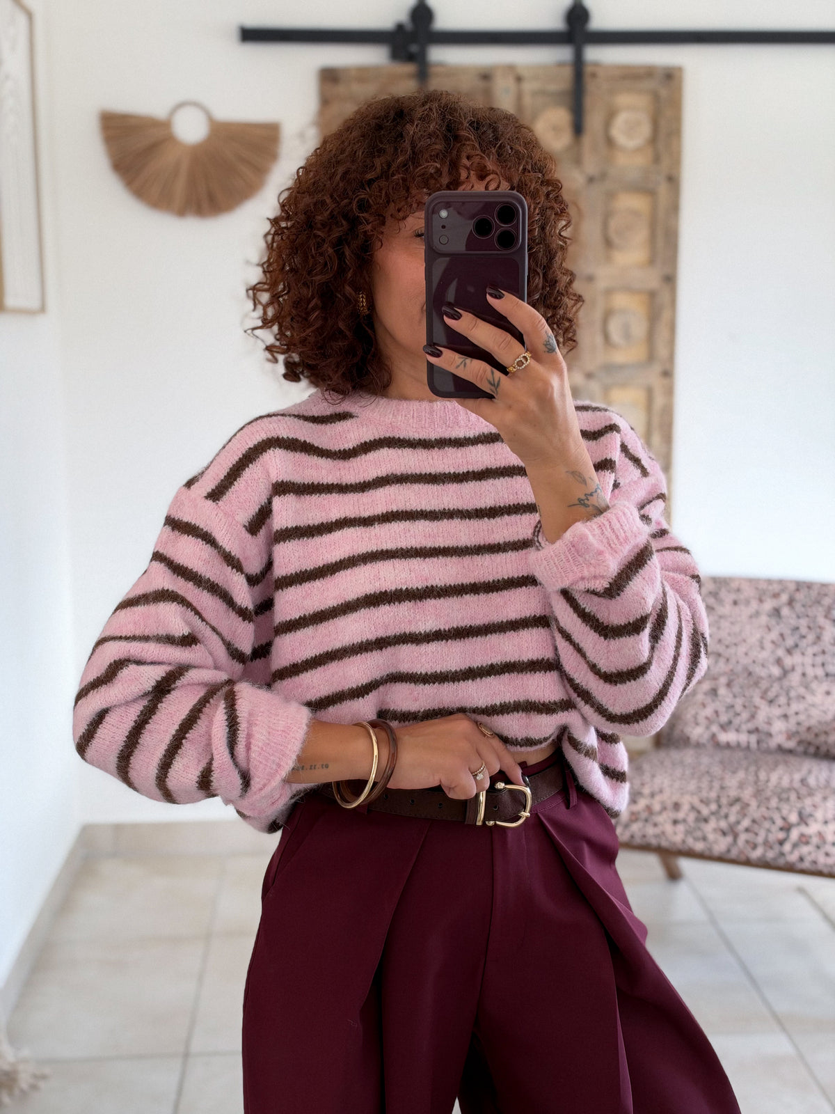 Pull Candy - Rayé rose/marron