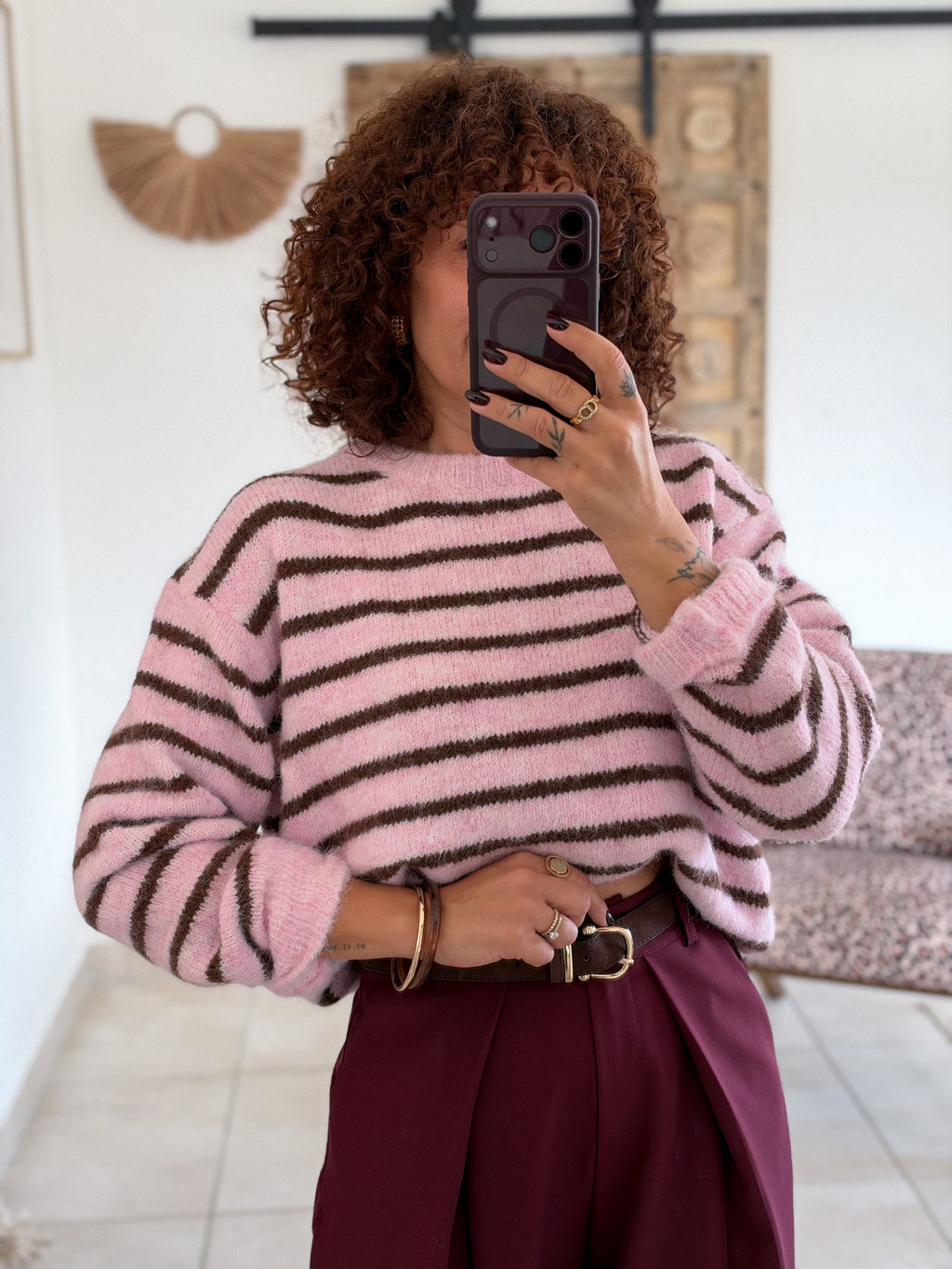 Pull Candy - Rayé rose/marron