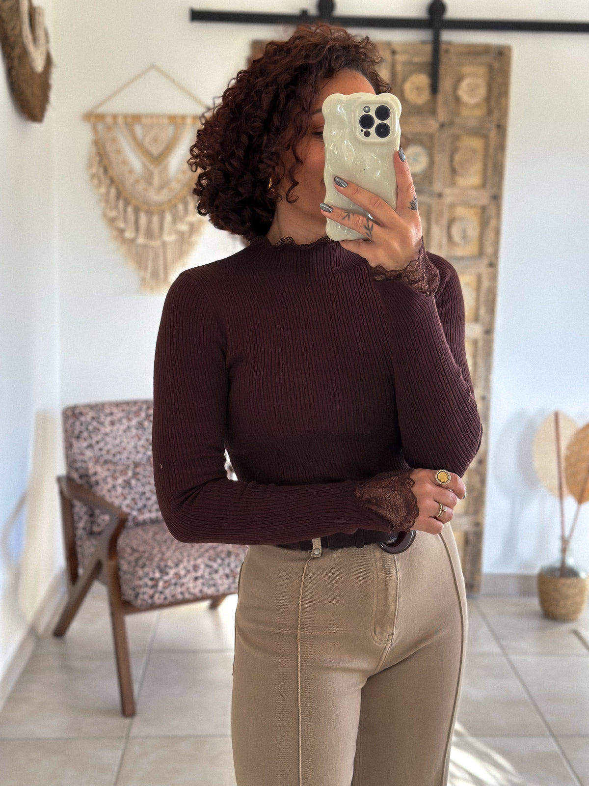 Farah Sweater - chocolate high neck with lace