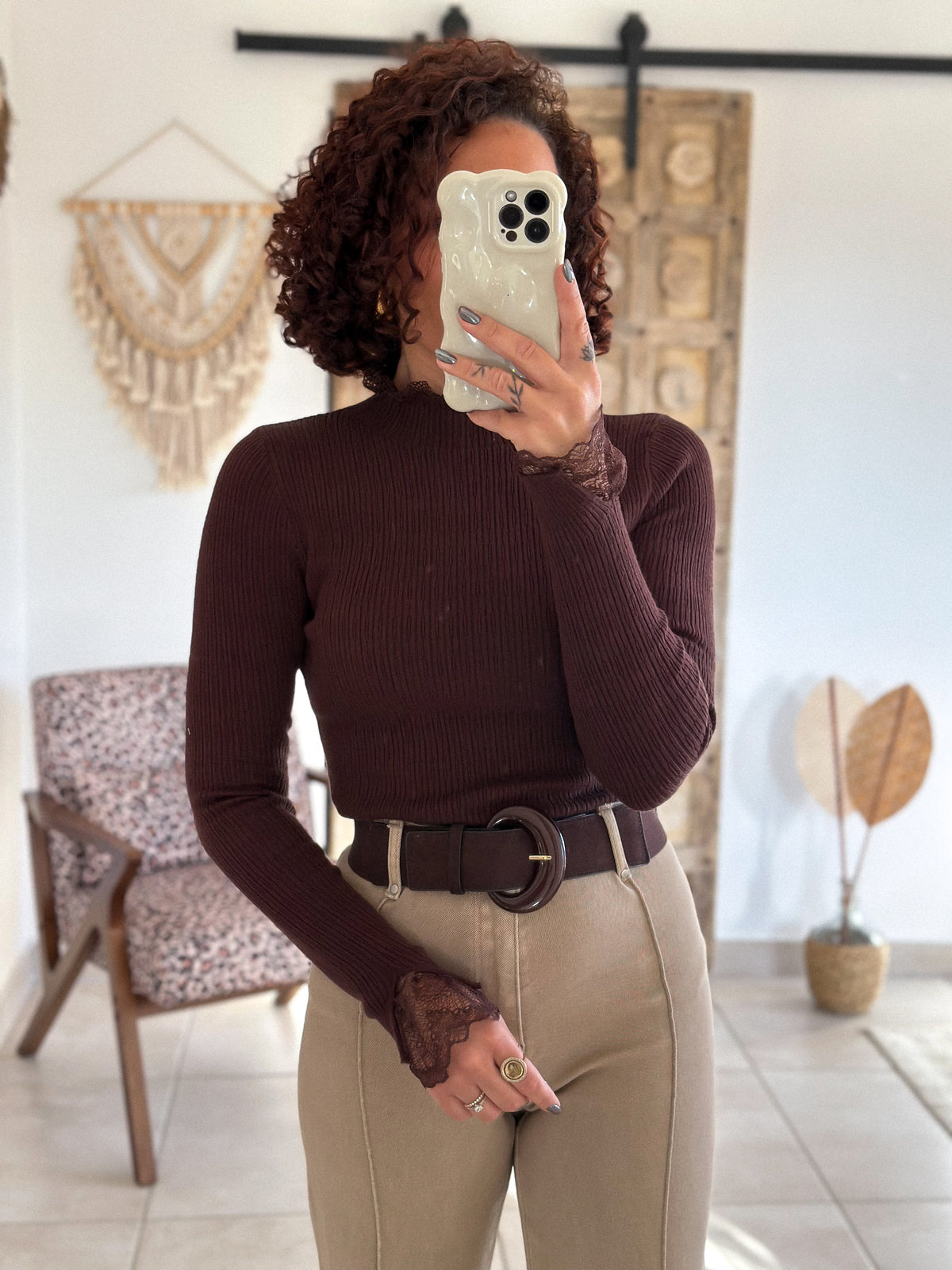 Farah Sweater - chocolate high neck with lace