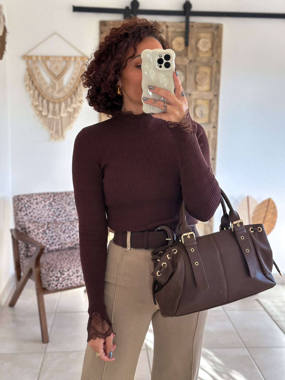 Farah Sweater - chocolate high neck with lace