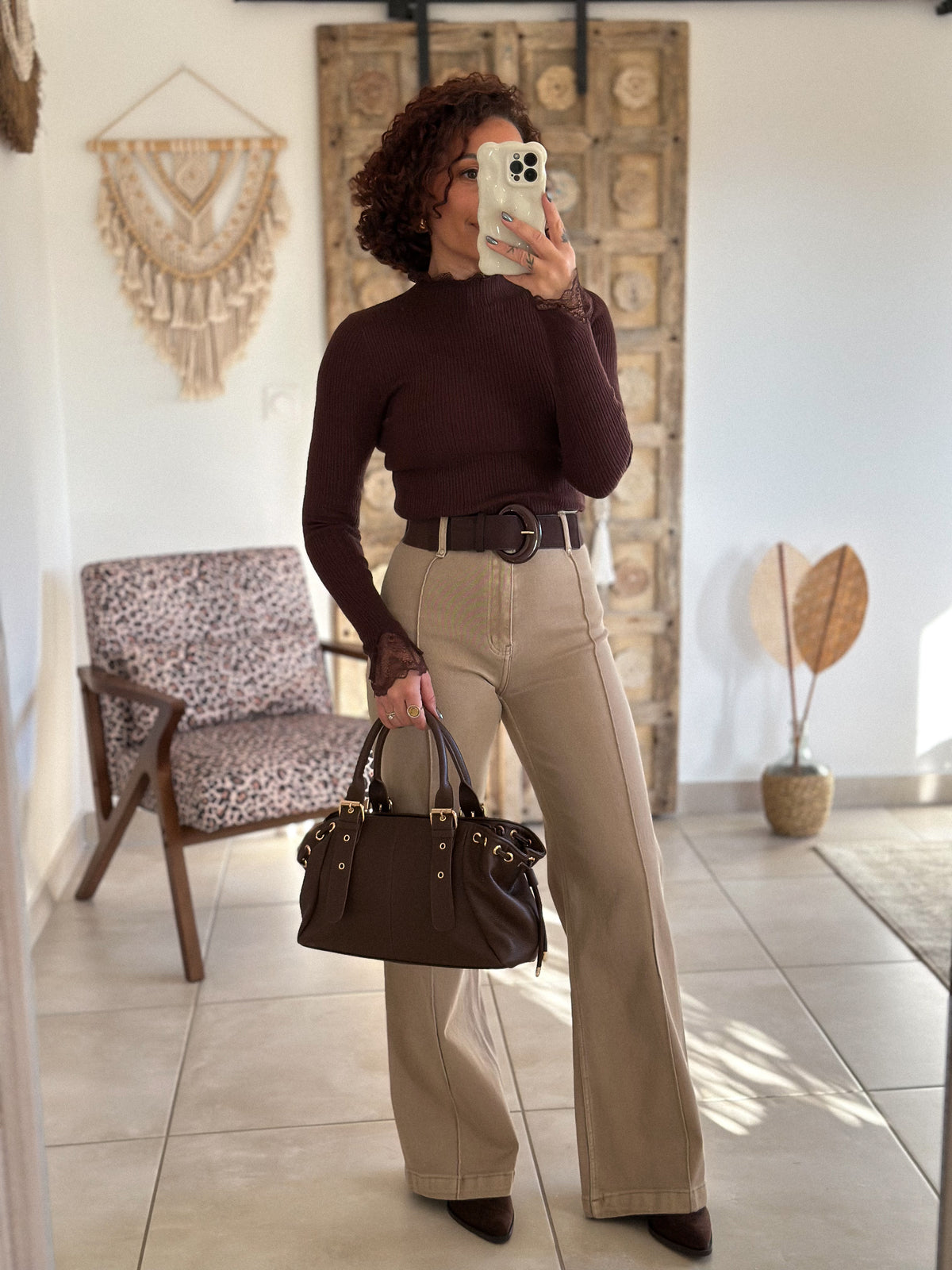 Farah Sweater - chocolate high neck with lace