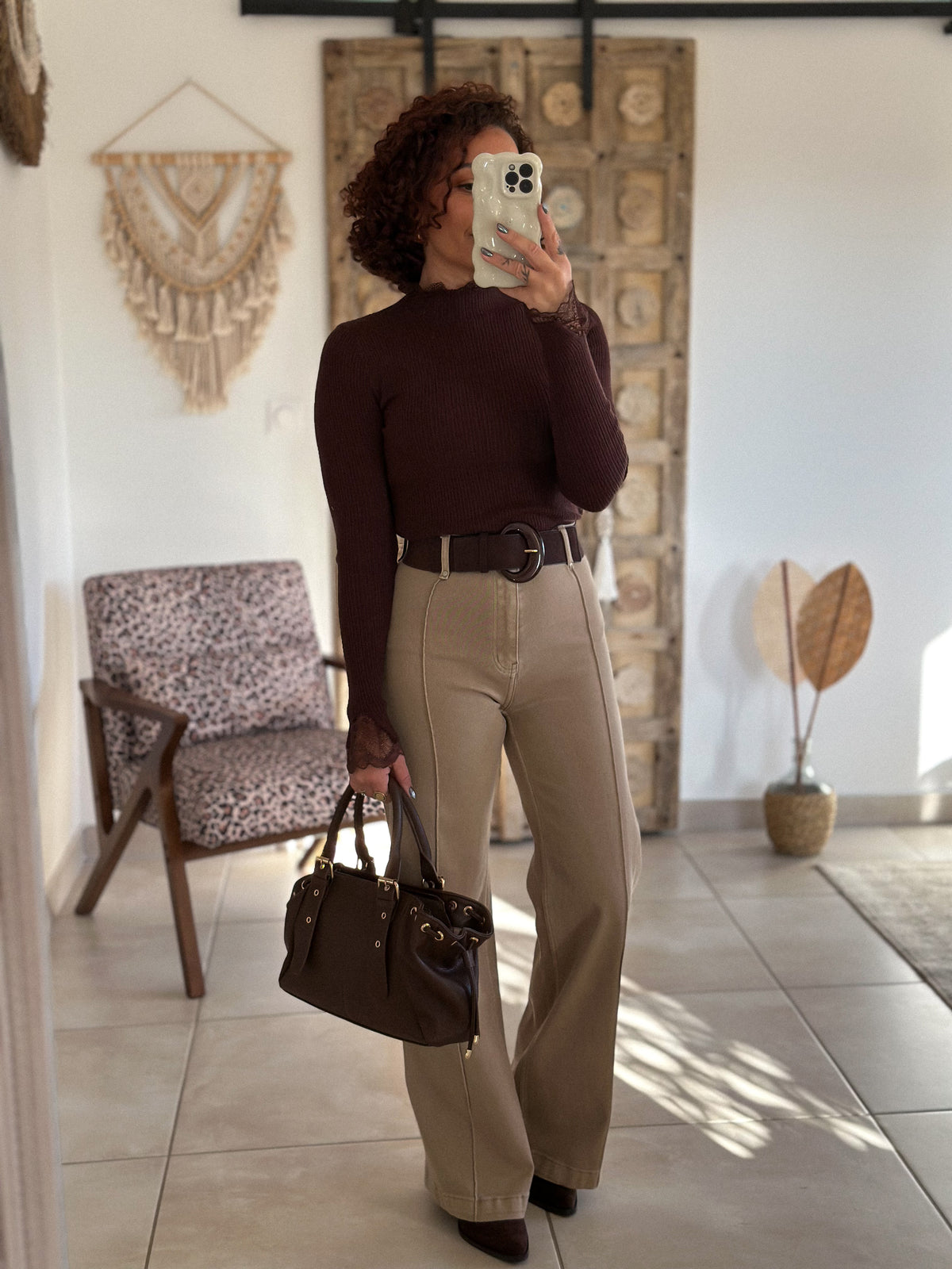 Farah Sweater - chocolate high neck with lace