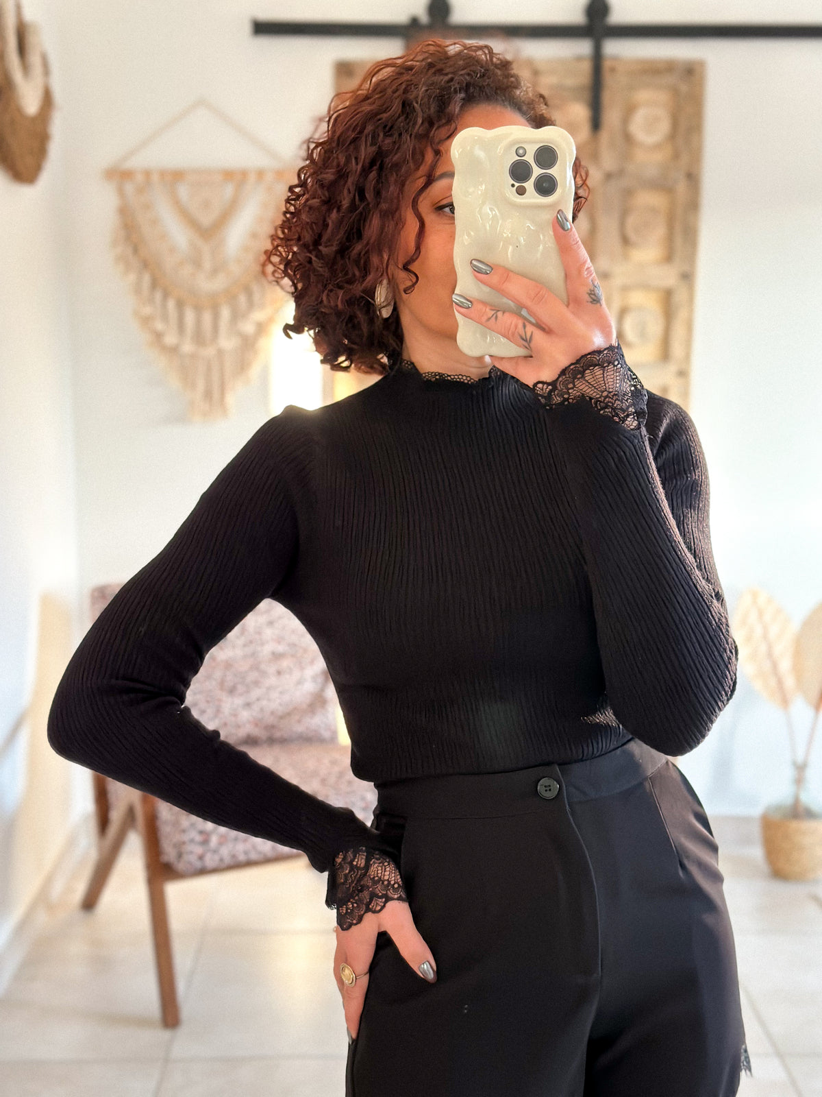 Farah Sweater - black stand-up lace collar