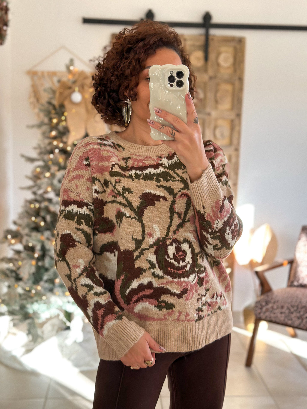 Pull Fleur - Beige Rose