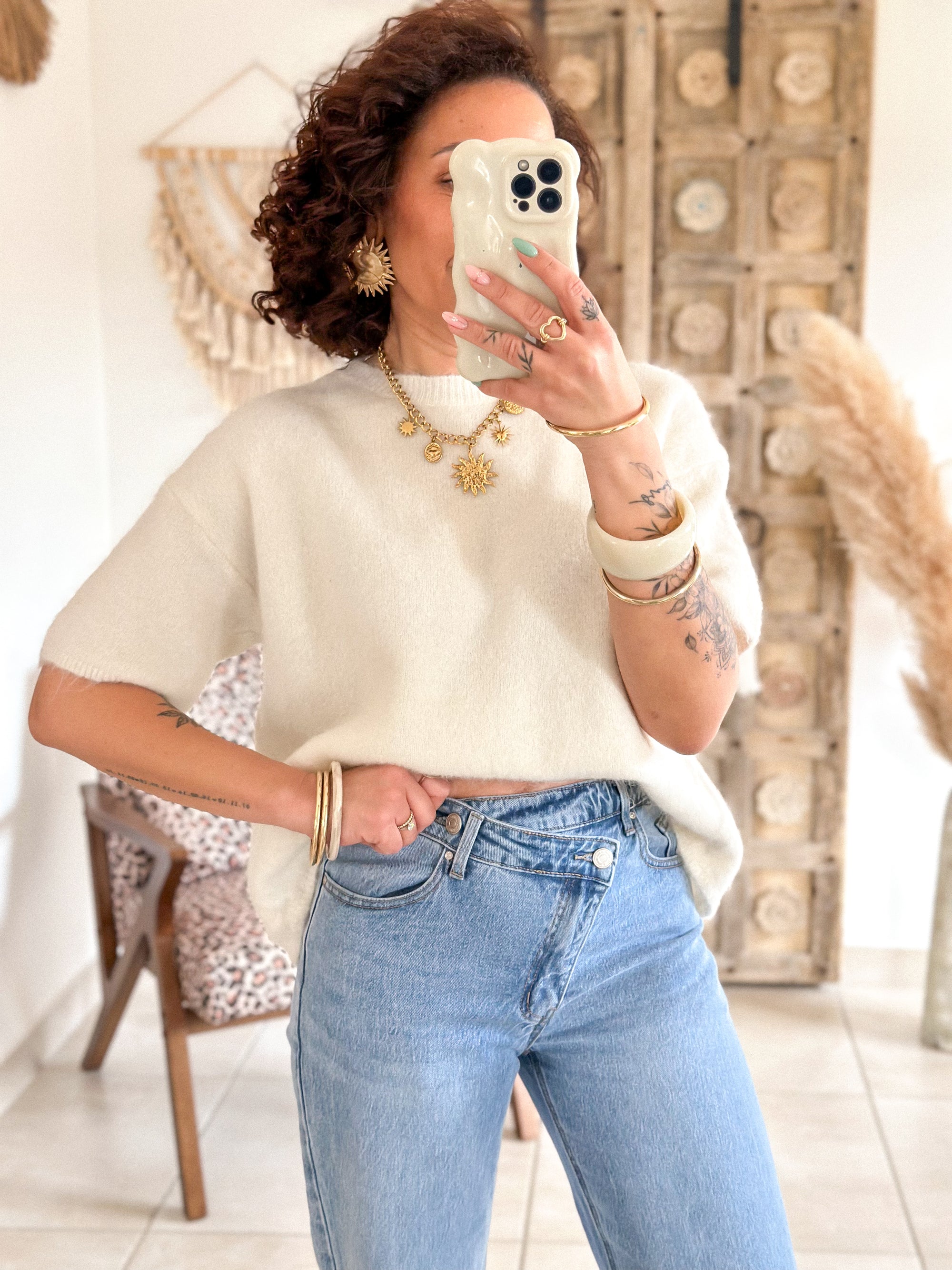 Pull Nancy - Ecru dos ouvert en dentelle