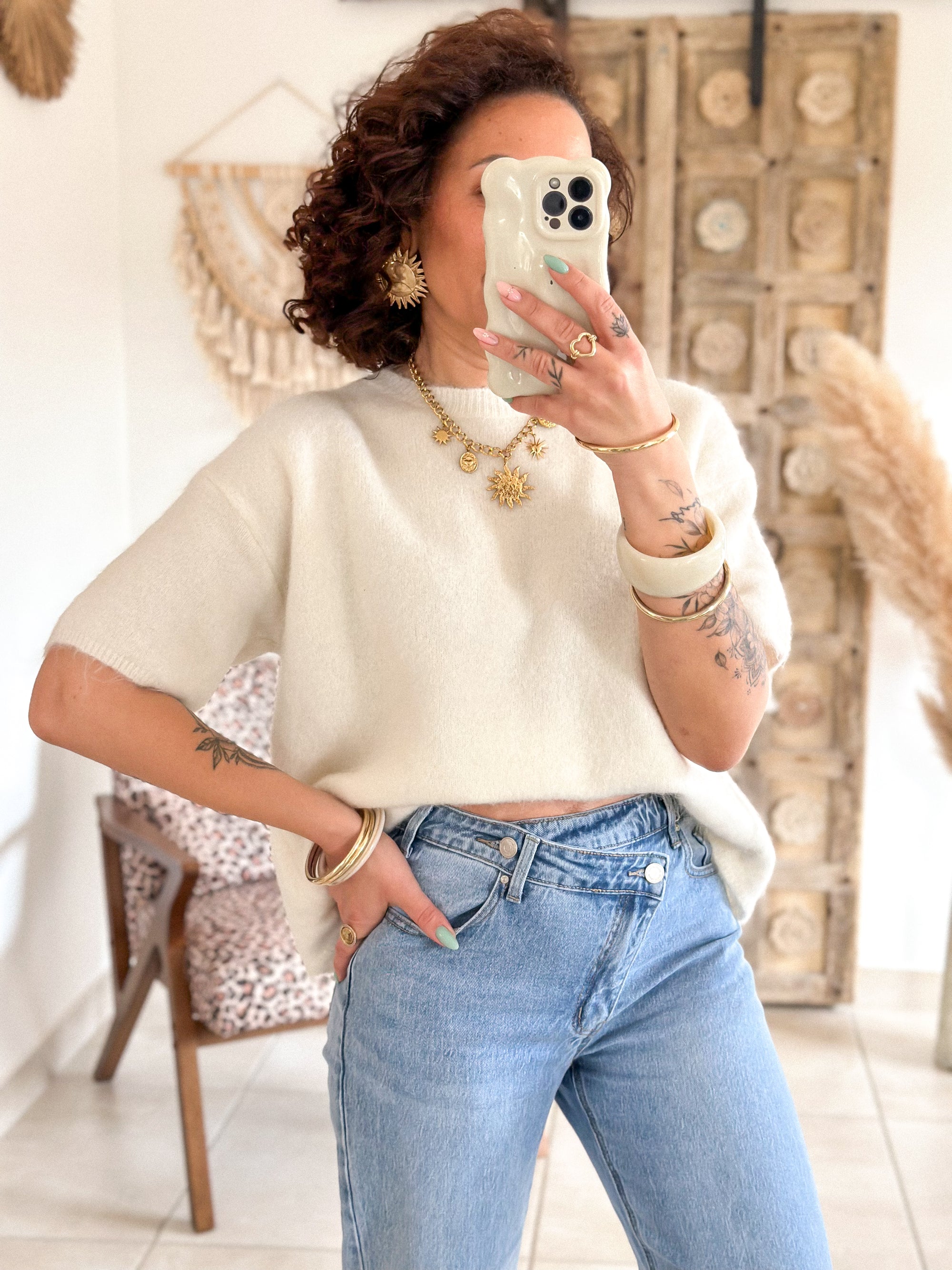 Pull Nancy - Ecru dos ouvert en dentelle