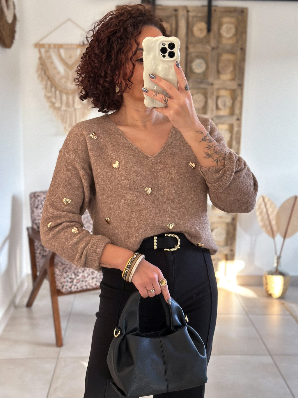 Pull Thaïs - col V camel à cœurs