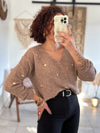 Pull Thaïs - col V camel à cœurs