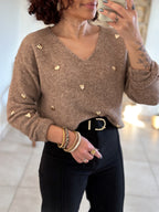 Pull Thaïs - col V camel à cœurs