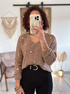 Pull Thaïs - col V camel à cœurs