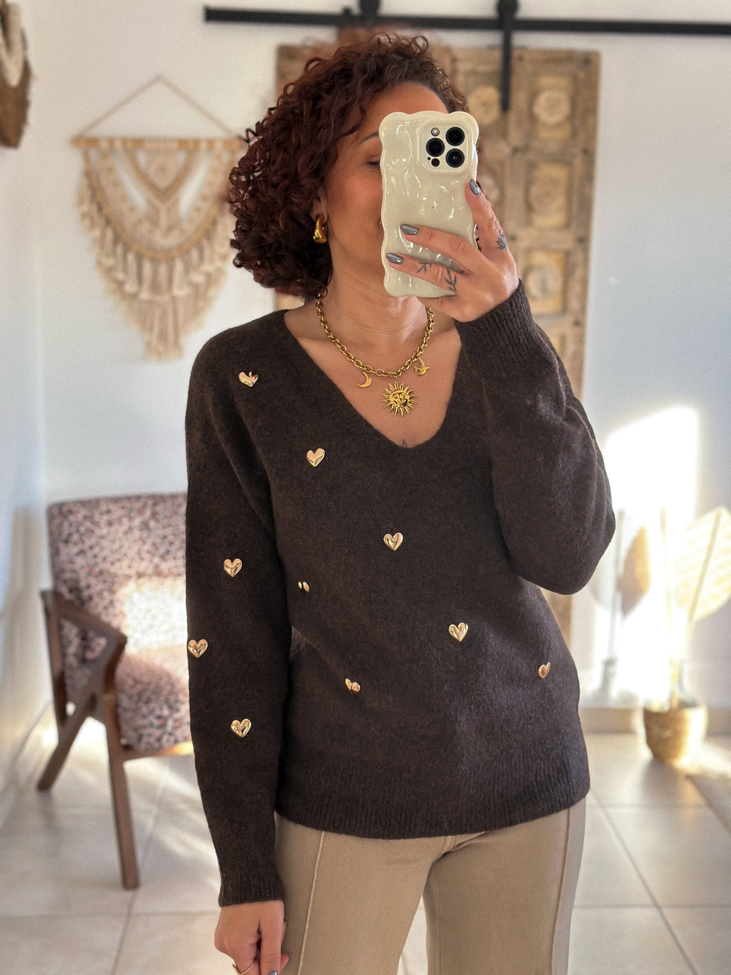 Pull Thaïs - col V chocolat à cœurs