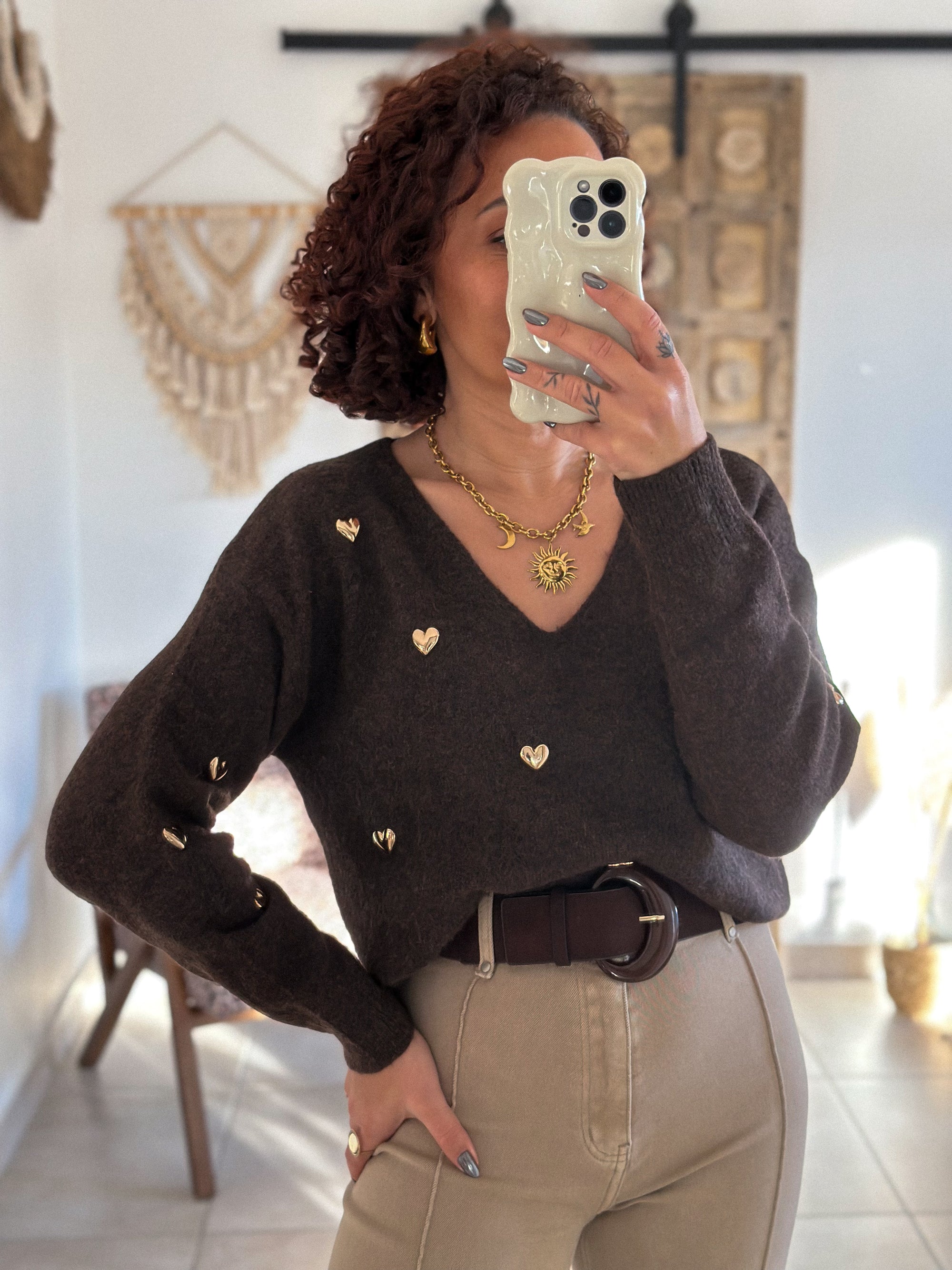 Pull Thaïs - col V chocolat à cœurs