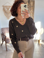 Pull Thaïs - col V chocolat à cœurs