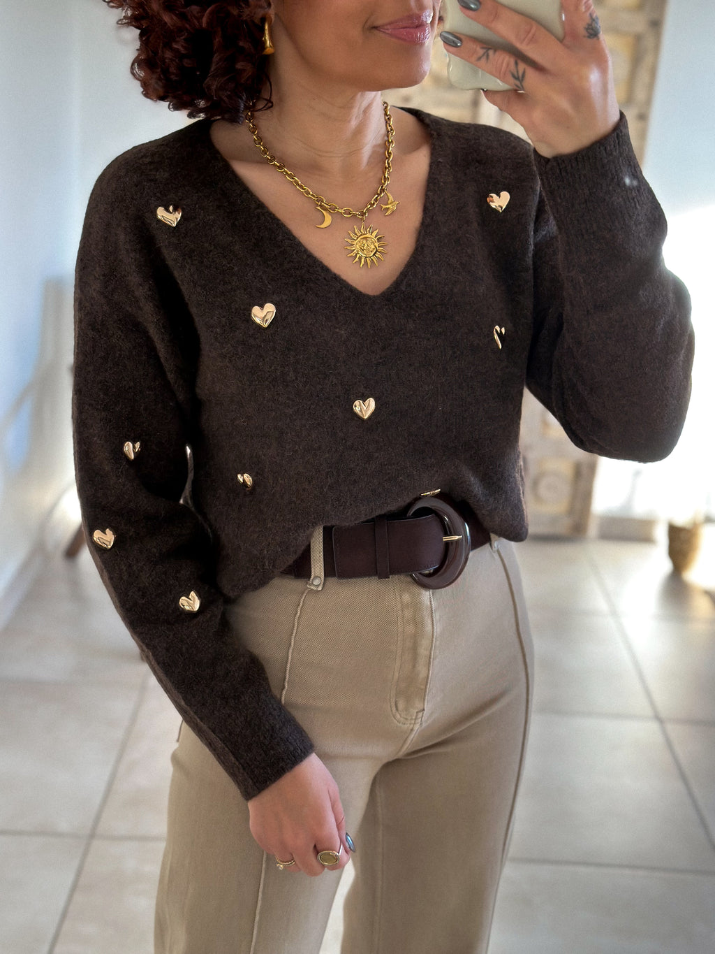 Pull Thaïs - col V chocolat à cœurs