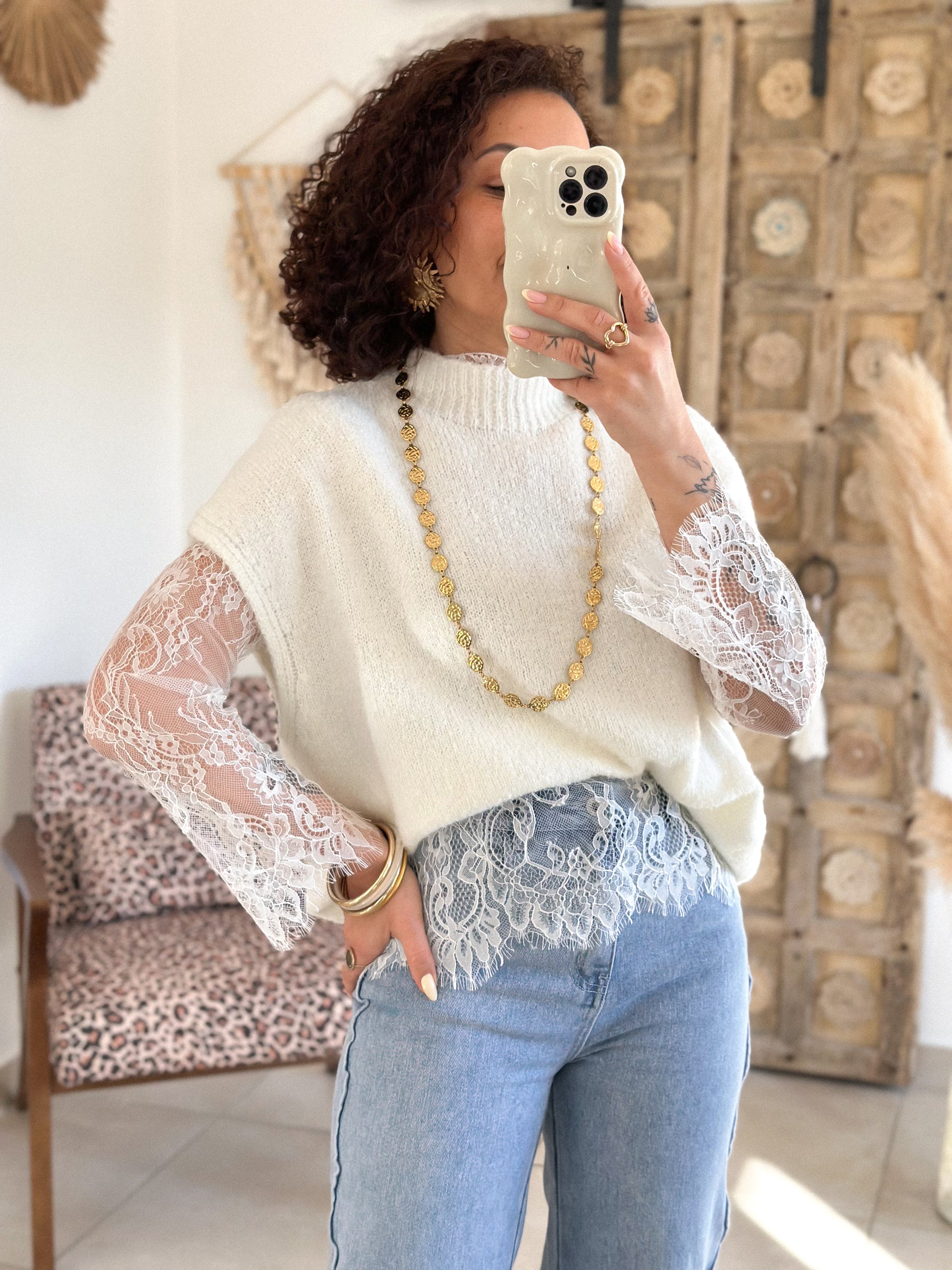 Pull Catia - Ecru manches dentelle