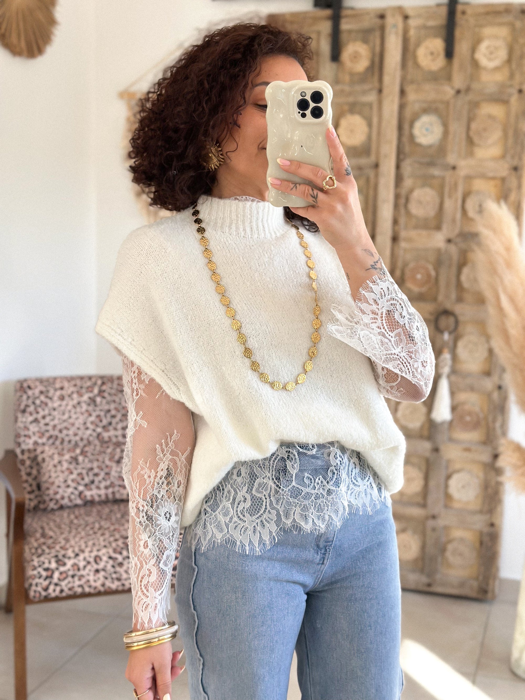 Pull Catia - Ecru manches dentelle