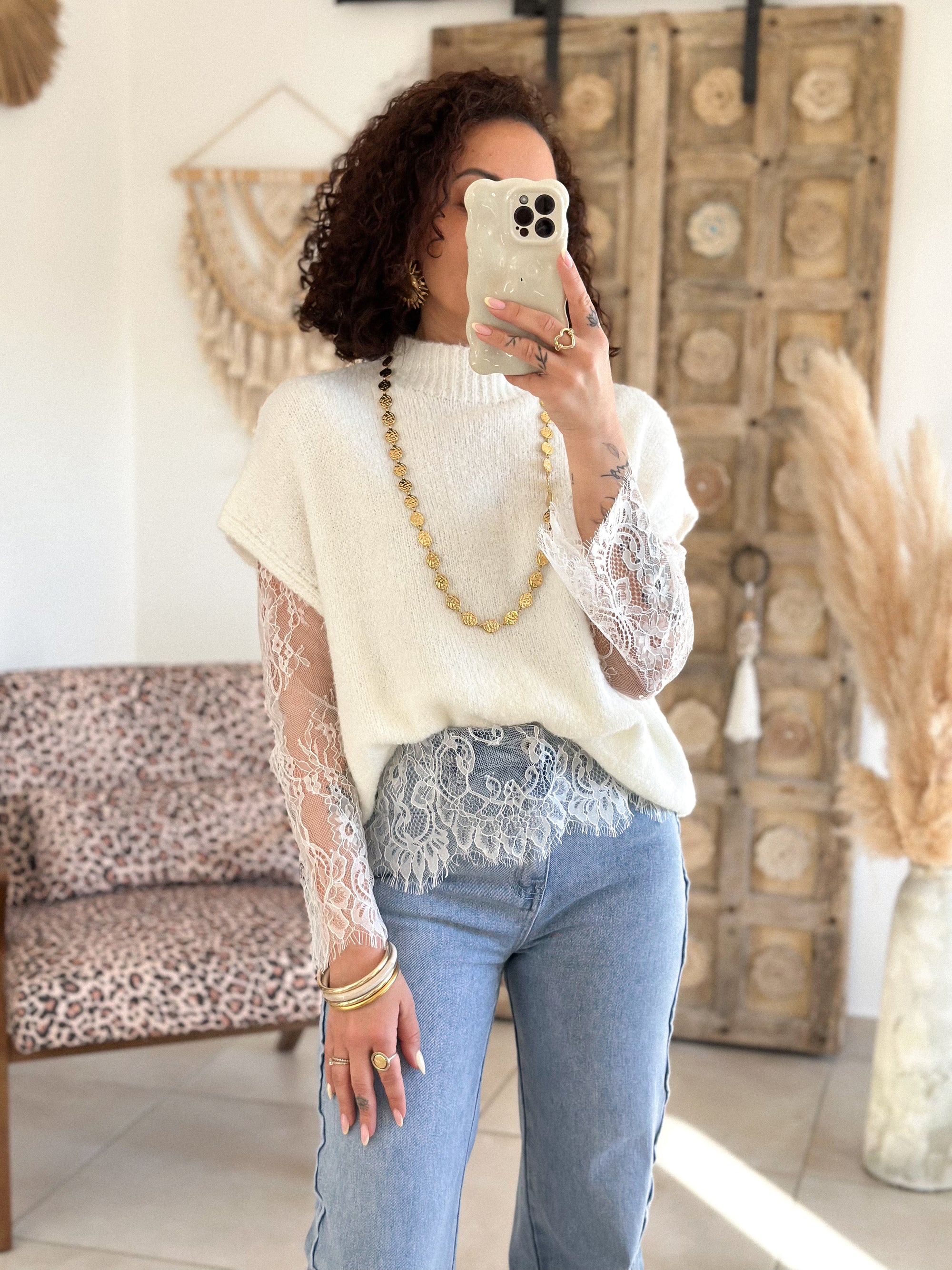 Pull Catia - Ecru manches dentelle