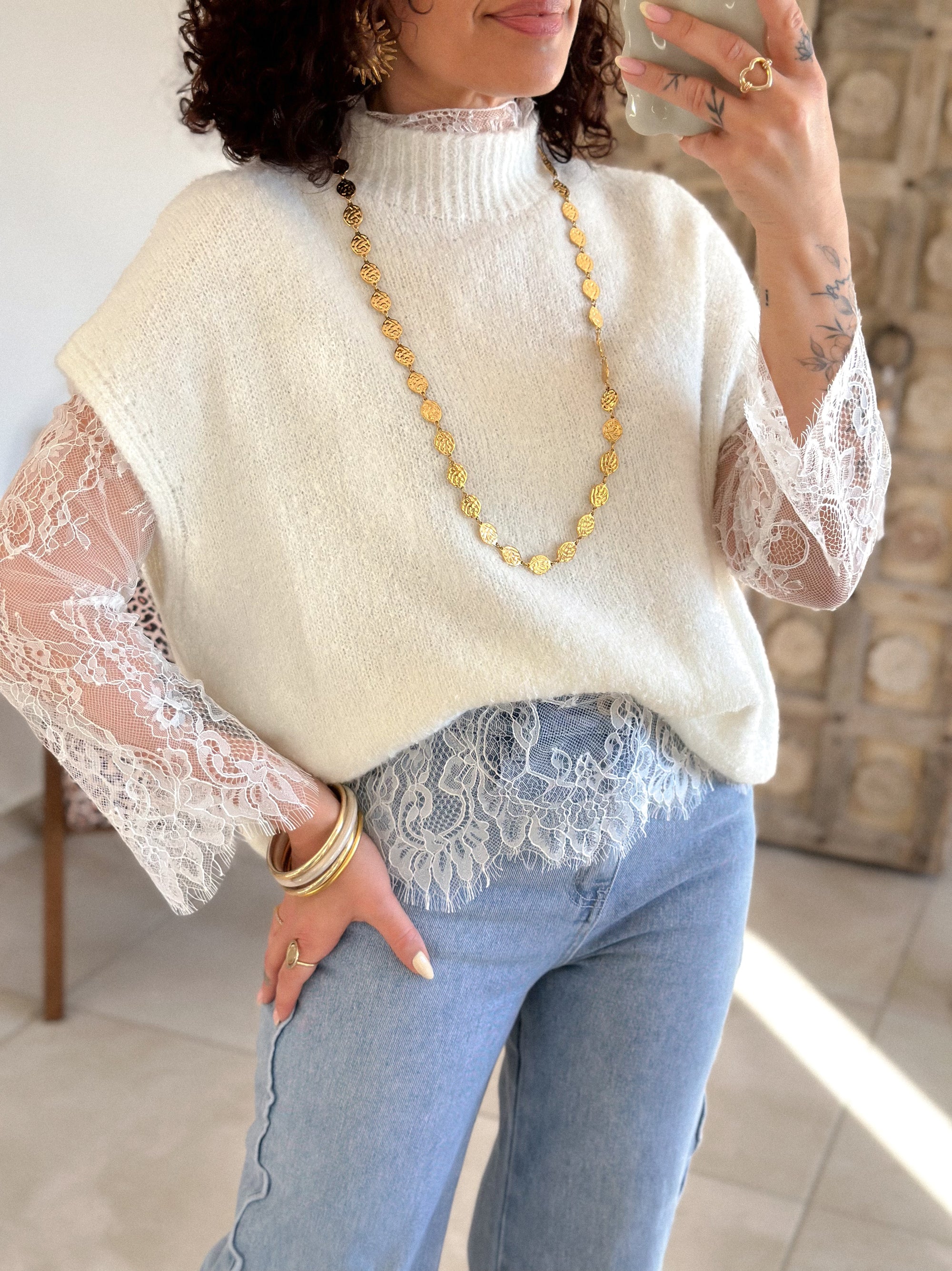 Pull Catia - Ecru manches dentelle