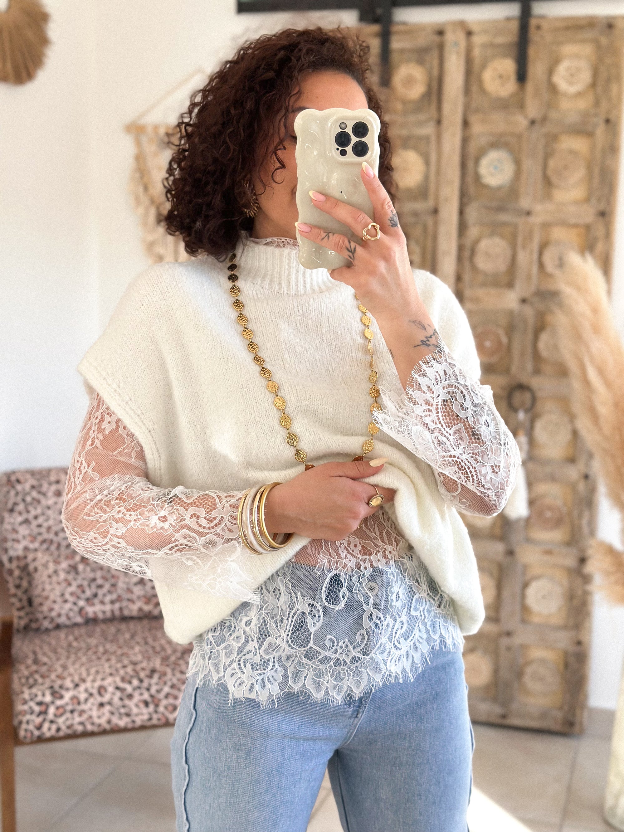 Pull Catia - Ecru manches dentelle