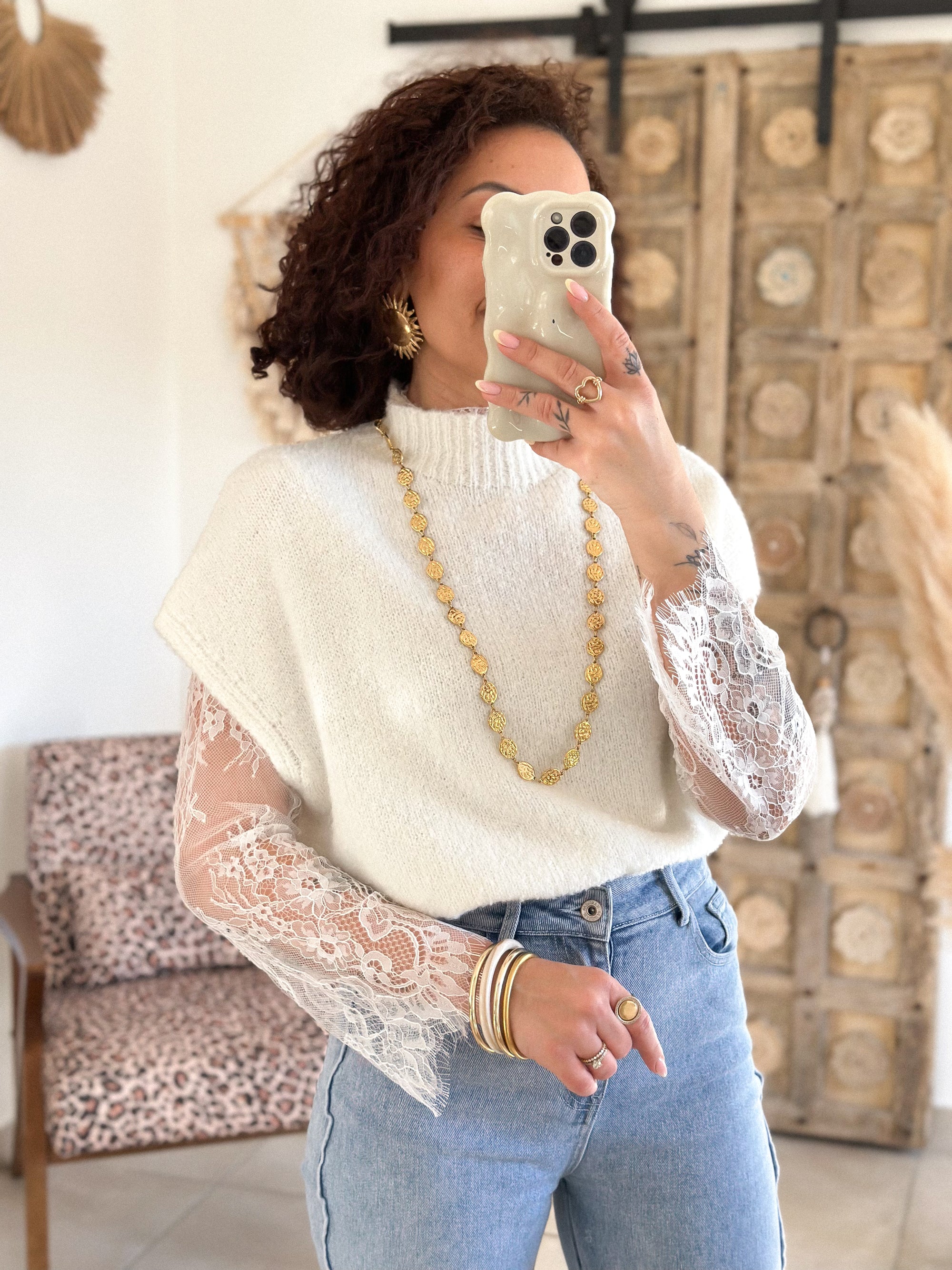 Pull Catia - Ecru manches dentelle