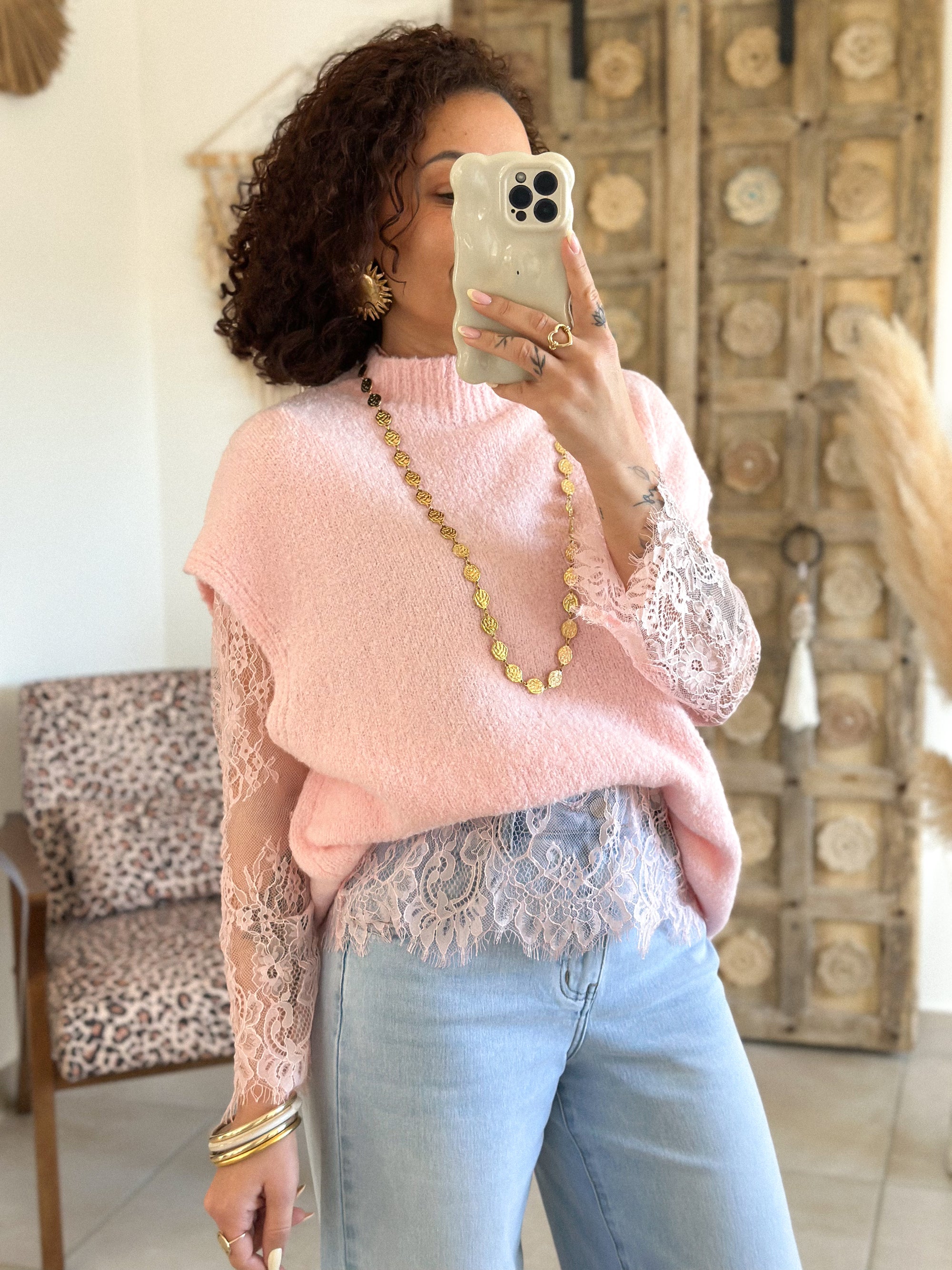 Pull Catia - Rose manches dentelle