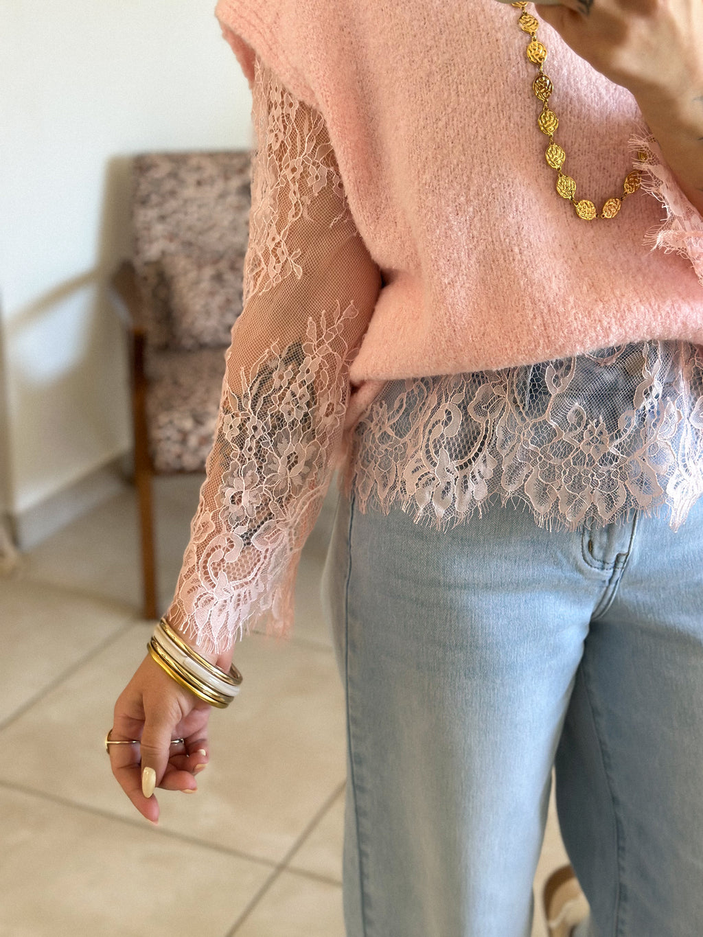 Pull Catia - Rose manches dentelle