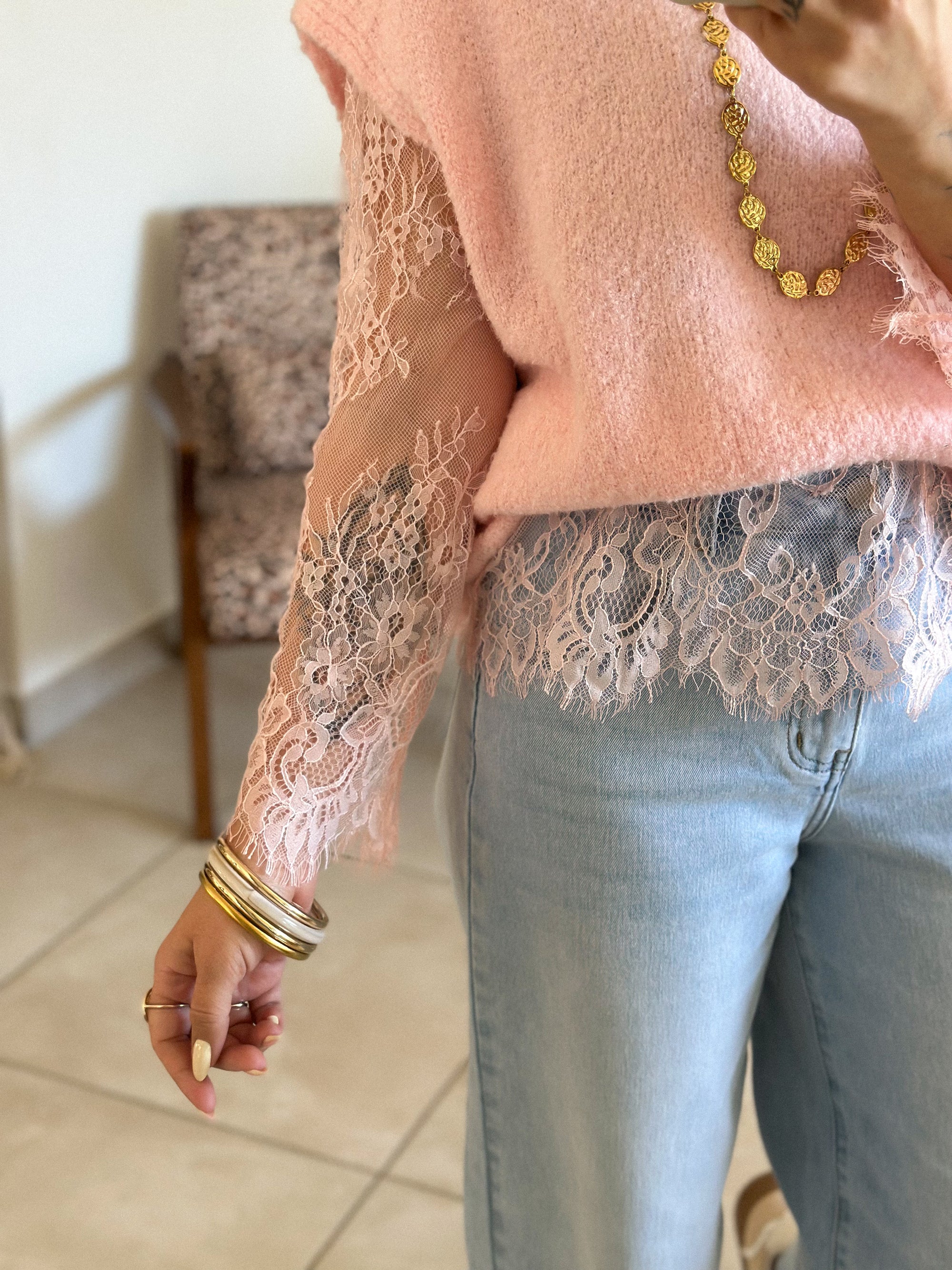 Pull Catia - Rose manches dentelle